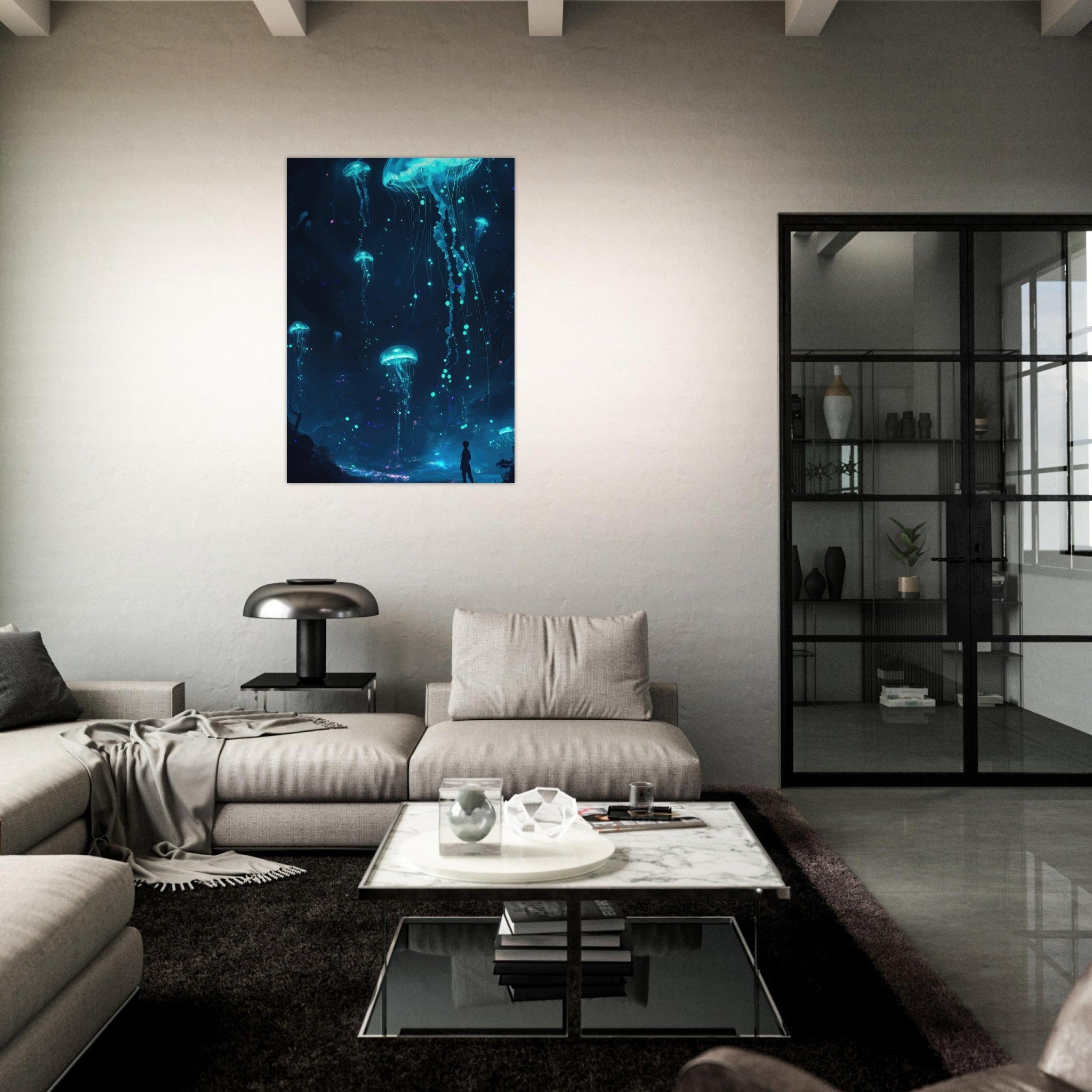 Aluminum Print Portrait - Glowing Bioluminescent Jellyfish in the Deep Tea - Shop Ai Art WebShop - Digital Art online Store