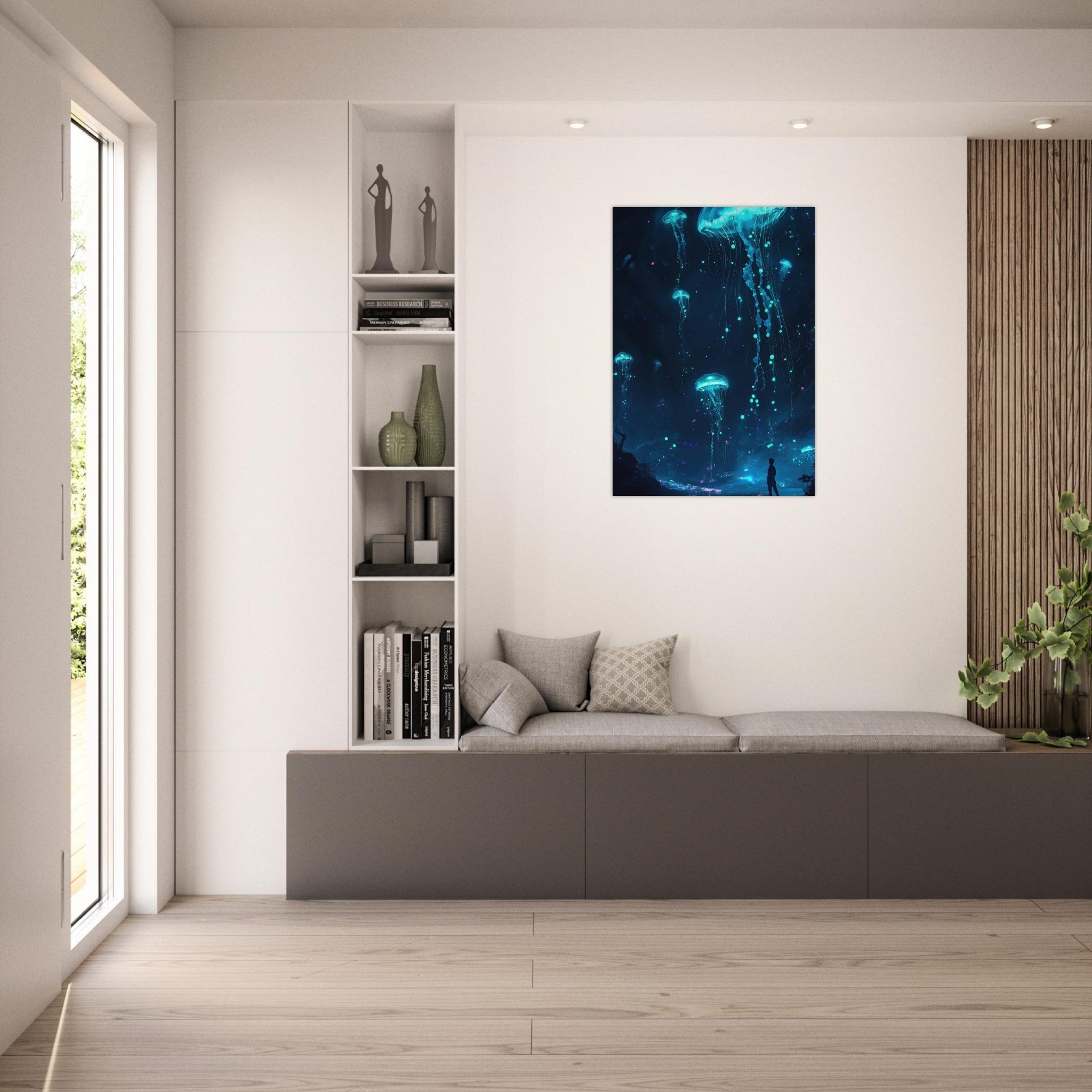 Aluminum Print Portrait - Glowing Bioluminescent Jellyfish in the Deep Tea - Shop Ai Art WebShop - Digital Art online Store