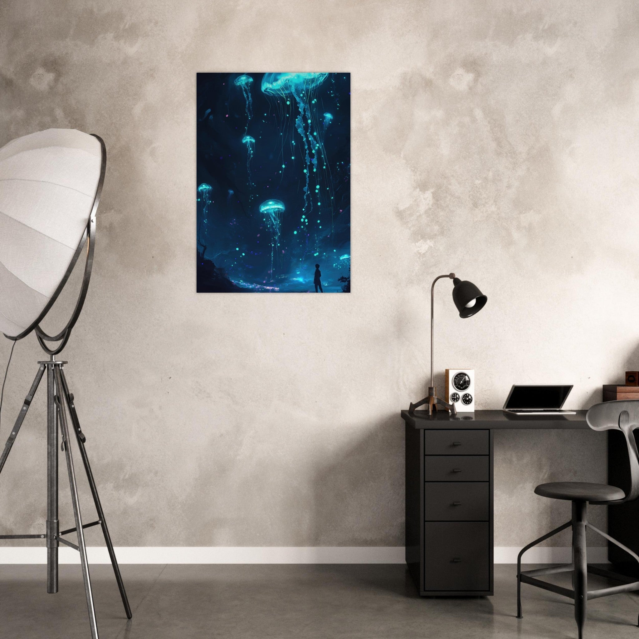 Aluminum Print Portrait - Glowing Bioluminescent Jellyfish in the Deep Tea - Shop Ai Art WebShop - Digital Art online Store