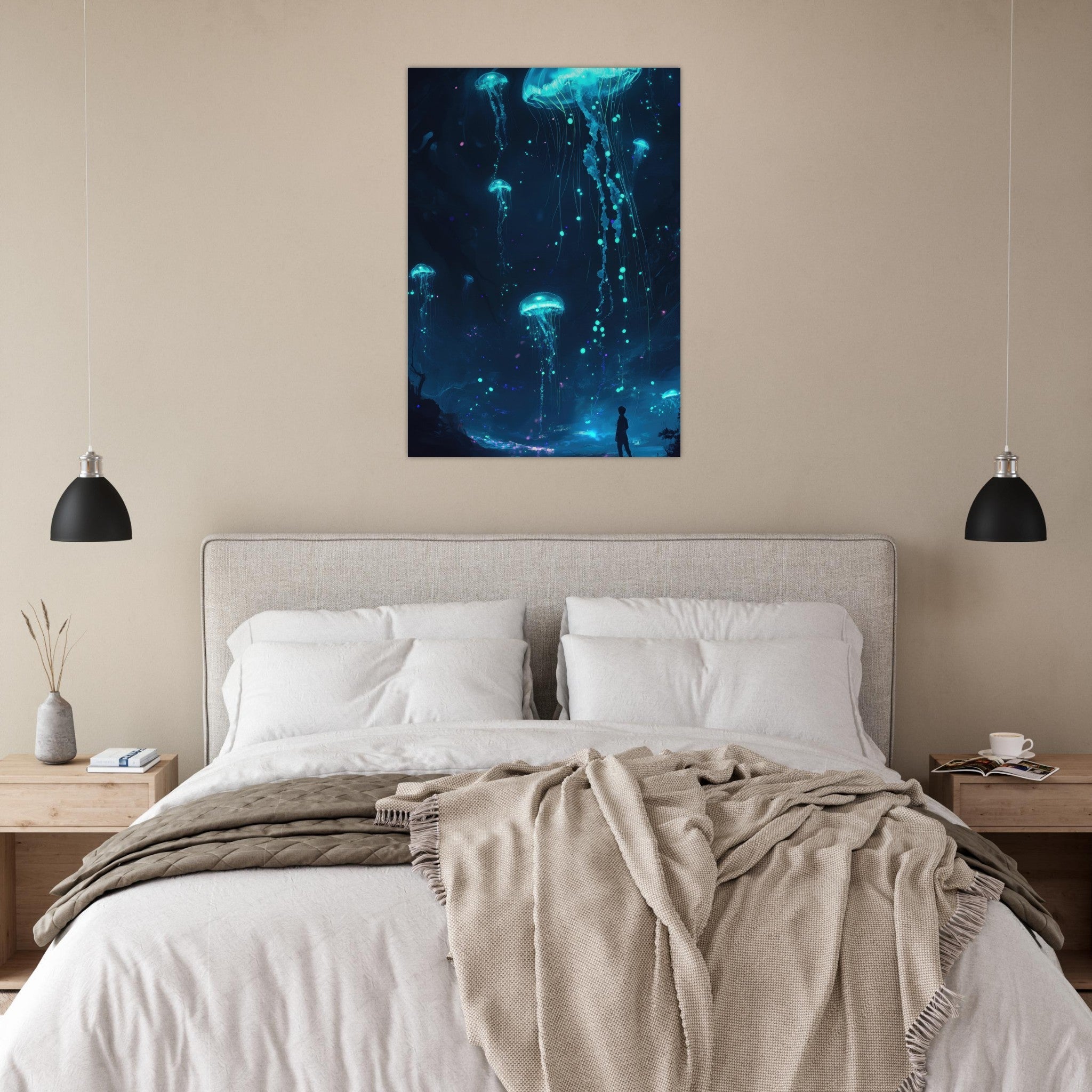 Aluminum Print Portrait - Glowing Bioluminescent Jellyfish in the Deep Tea - Shop Ai Art WebShop - Digital Art online Store
