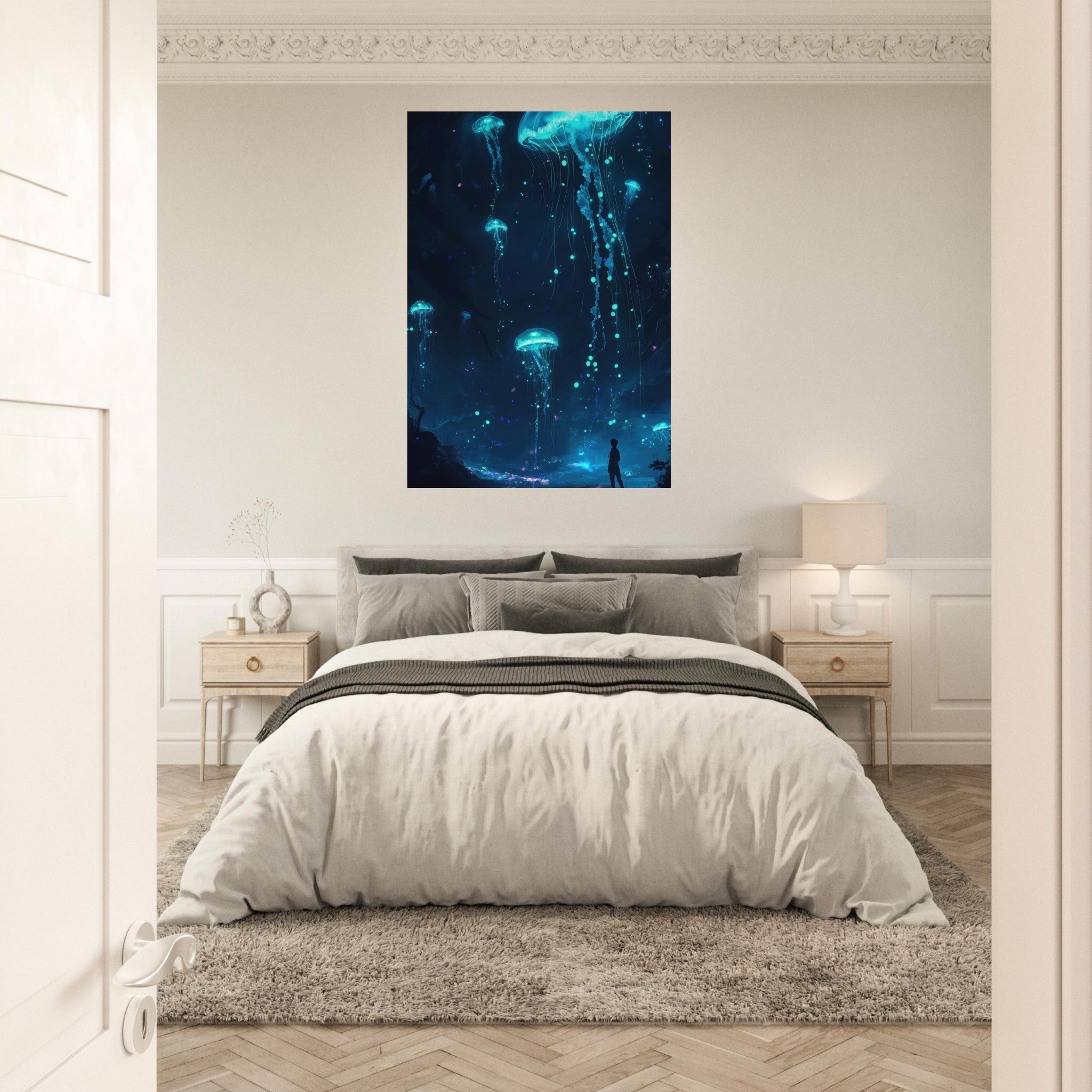 Aluminum Print Portrait - Glowing Bioluminescent Jellyfish in the Deep Tea - Shop Ai Art WebShop - Digital Art online Store