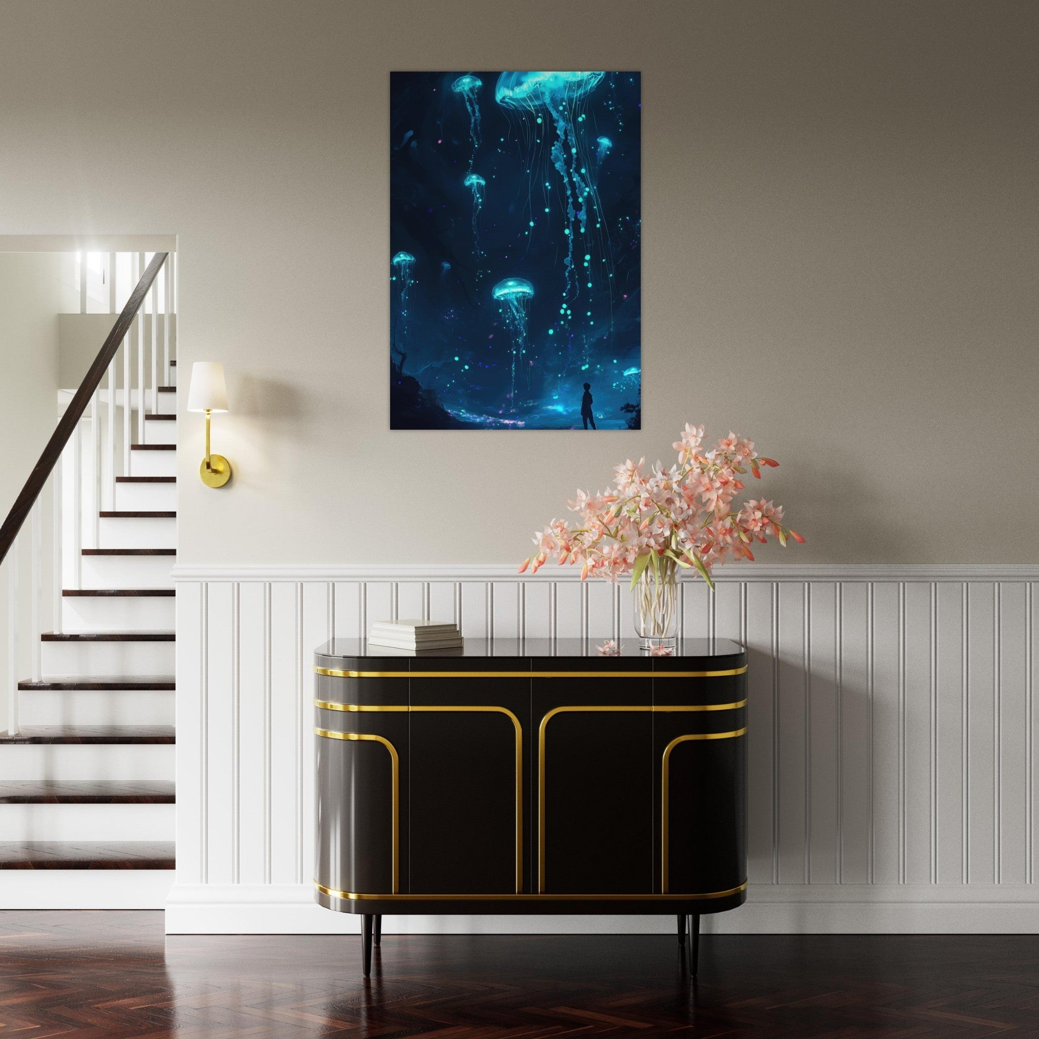 Aluminum Print Portrait - Glowing Bioluminescent Jellyfish in the Deep Tea - Shop Ai Art WebShop - Digital Art online Store