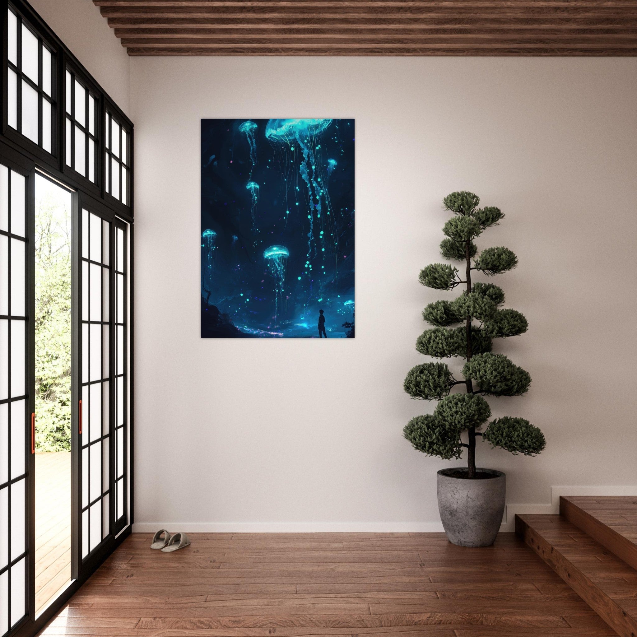 Aluminum Print Portrait - Glowing Bioluminescent Jellyfish in the Deep Tea - Shop Ai Art WebShop - Digital Art online Store