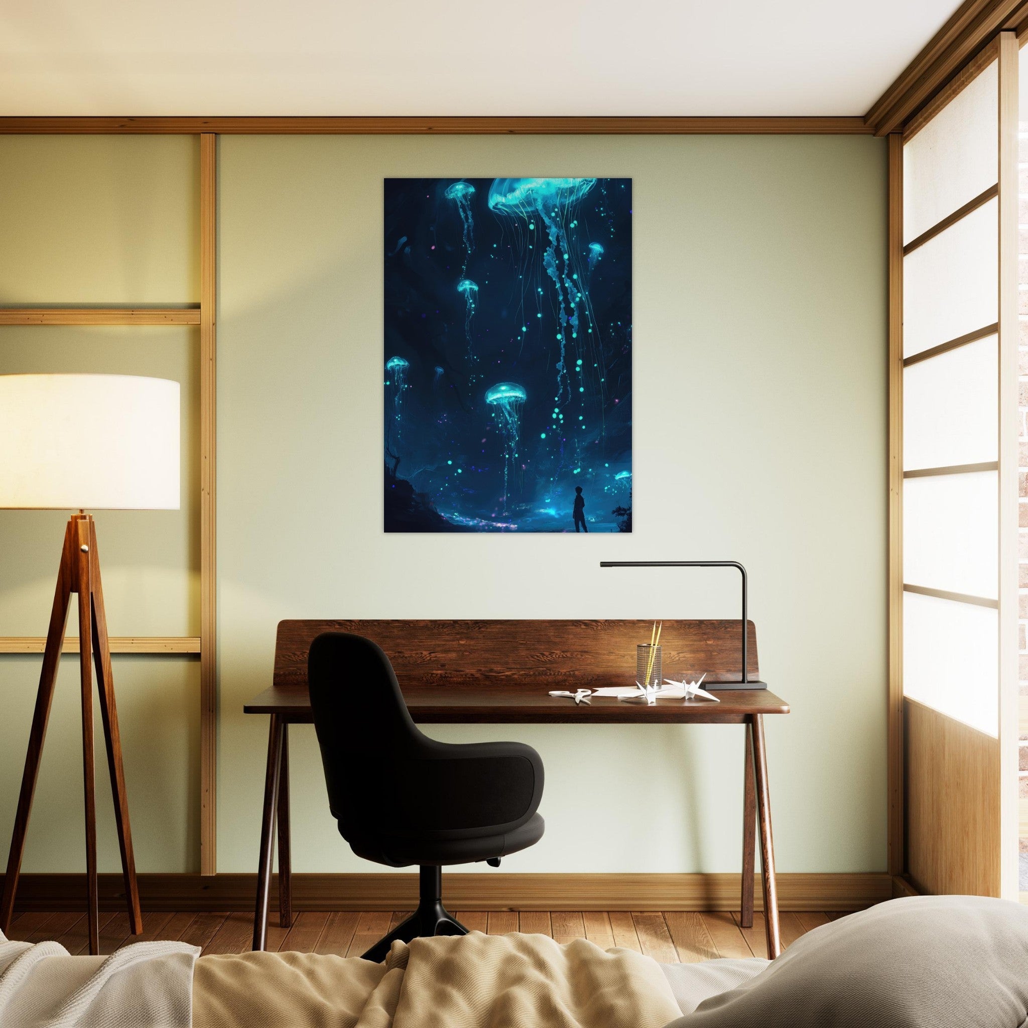 Aluminum Print Portrait - Glowing Bioluminescent Jellyfish in the Deep Tea - Shop Ai Art WebShop - Digital Art online Store