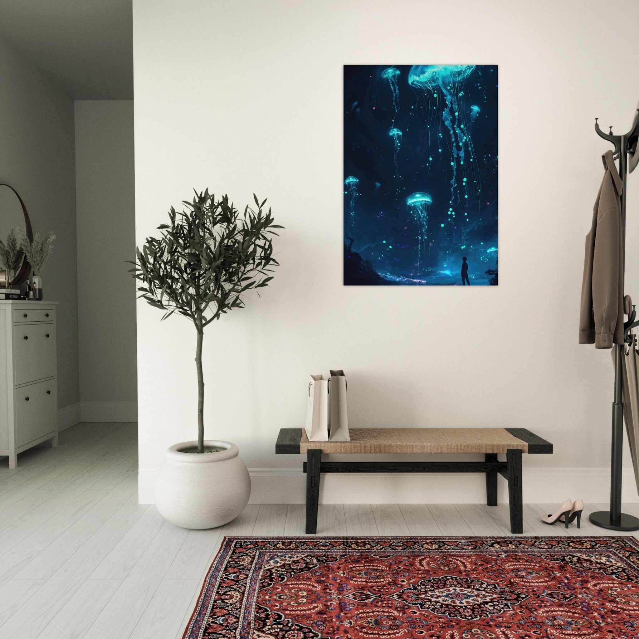 Aluminum Print Portrait - Glowing Bioluminescent Jellyfish in the Deep Tea - Shop Ai Art WebShop - Digital Art online Store
