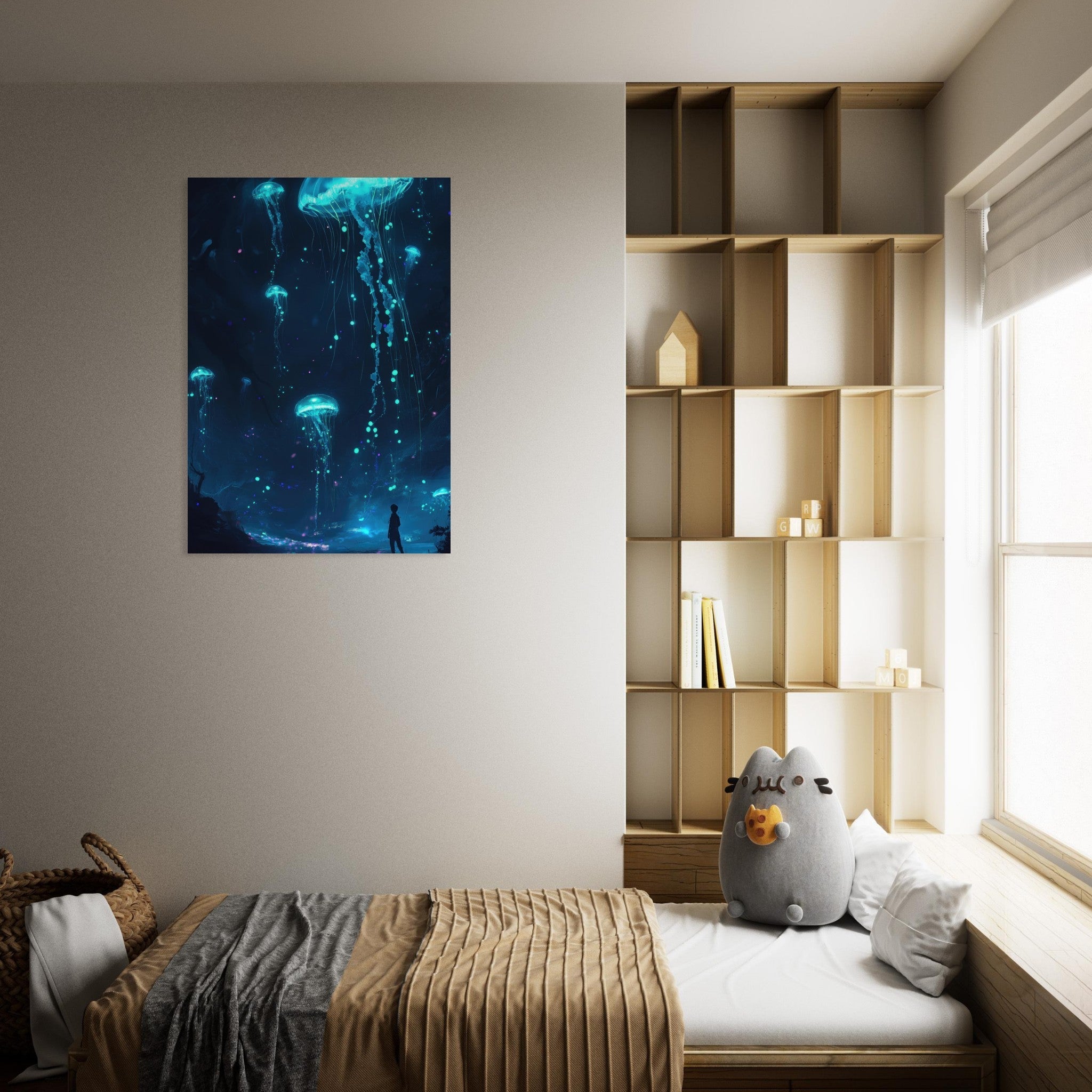 Aluminum Print Portrait - Glowing Bioluminescent Jellyfish in the Deep Tea - Shop Ai Art WebShop - Digital Art online Store