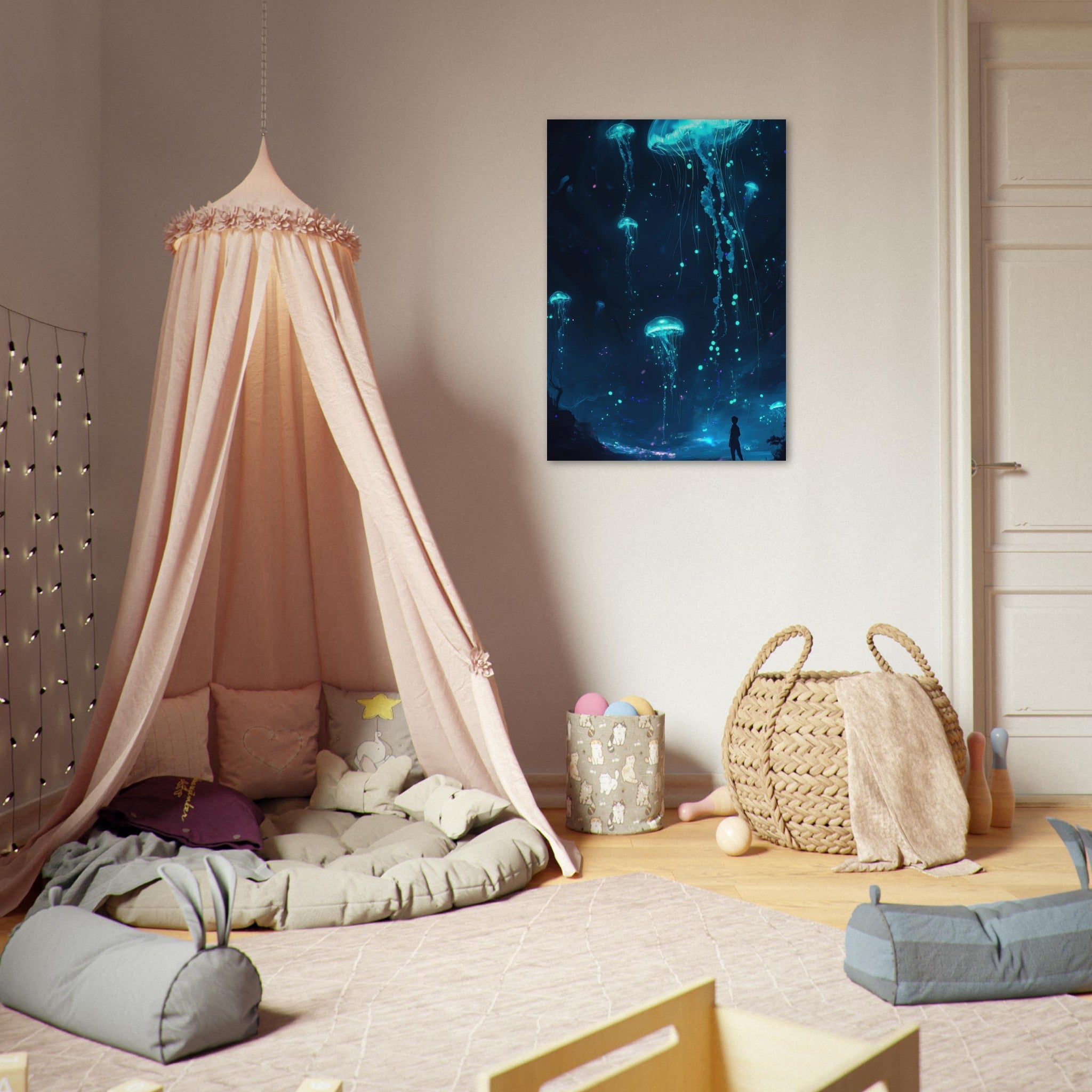 Aluminum Print Portrait - Glowing Bioluminescent Jellyfish in the Deep Tea - Shop Ai Art WebShop - Digital Art online Store