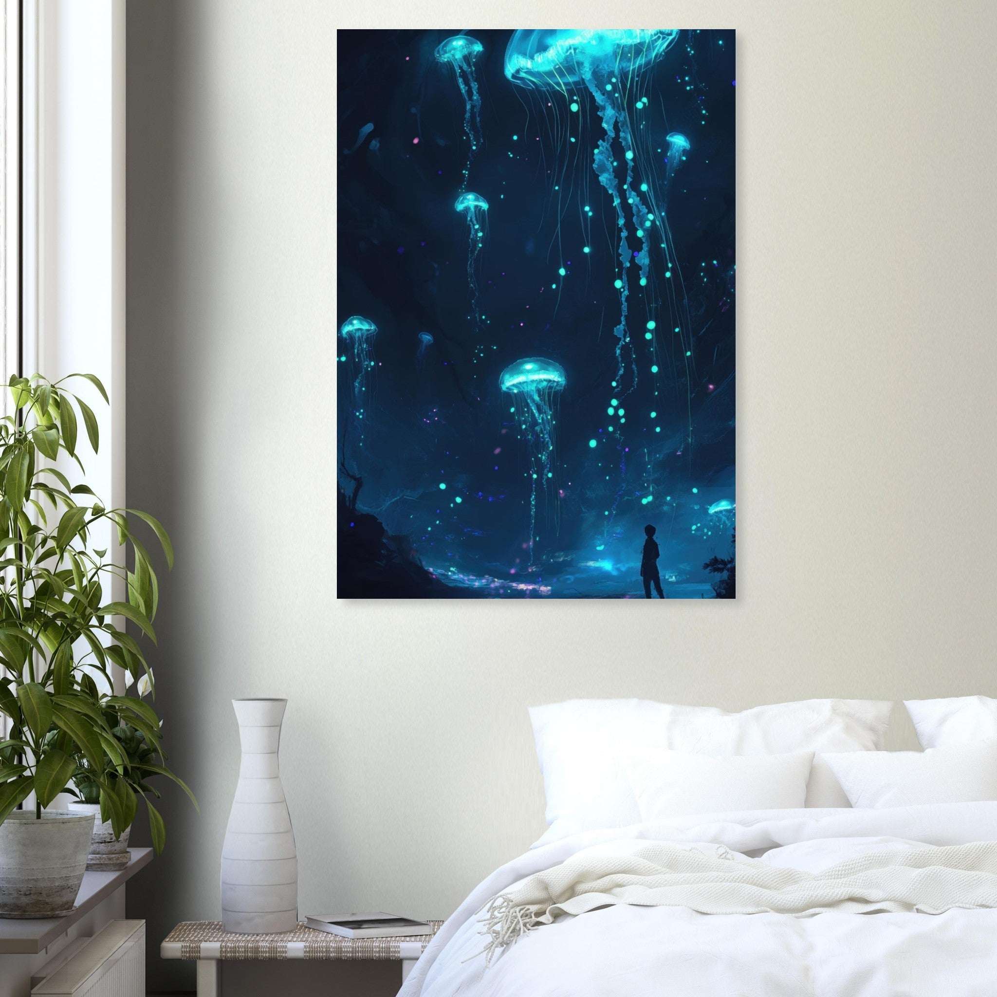 Aluminum Print Portrait - Glowing Bioluminescent Jellyfish in the Deep Tea - Shop Ai Art WebShop - Digital Art online Store