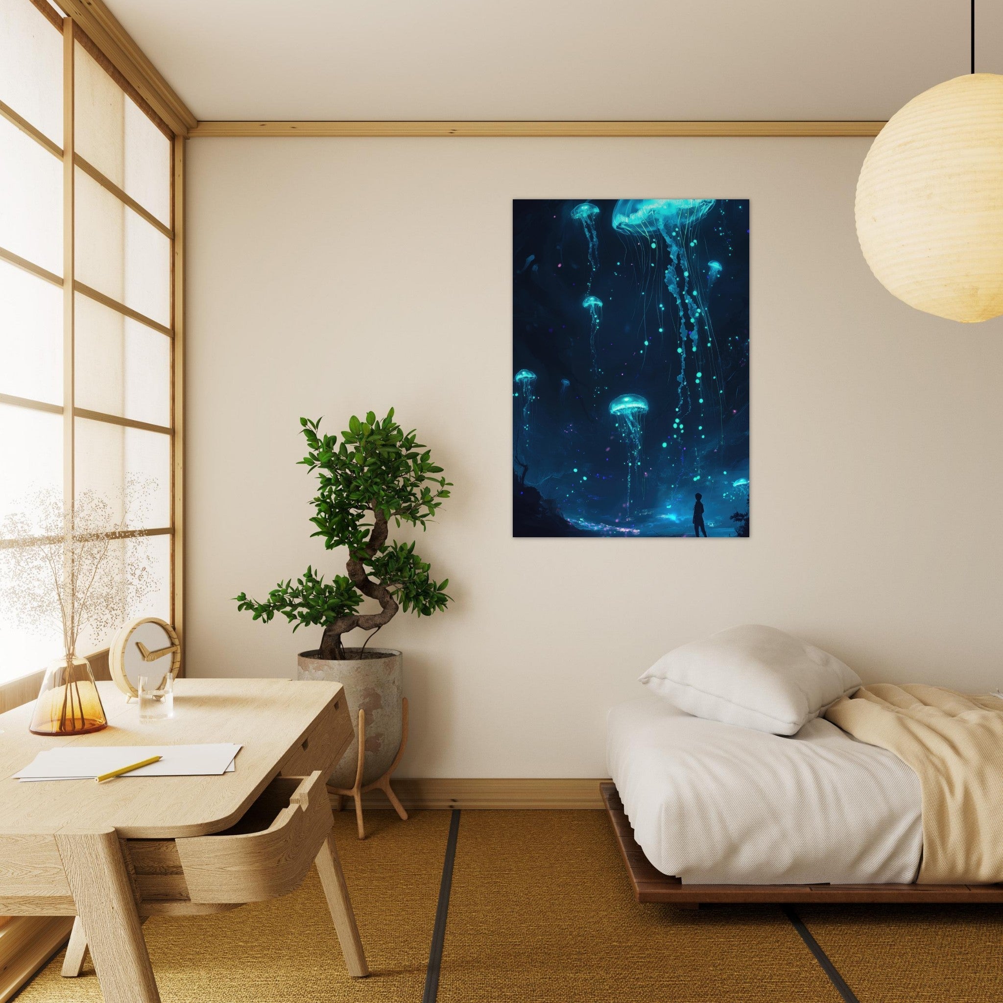 Aluminum Print Portrait - Glowing Bioluminescent Jellyfish in the Deep Tea - Shop Ai Art WebShop - Digital Art online Store