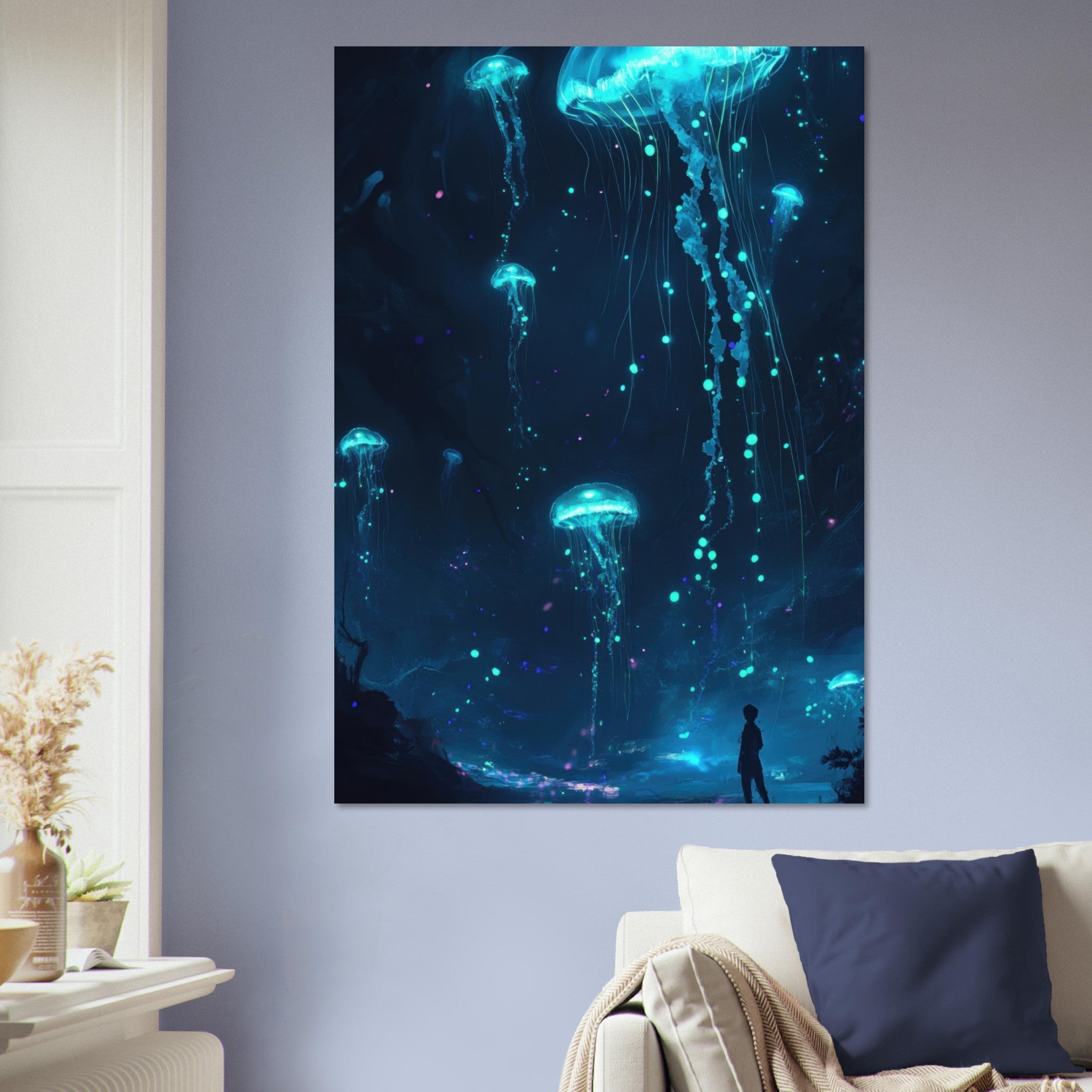 Aluminum Print Portrait - Glowing Bioluminescent Jellyfish in the Deep Tea - Shop Ai Art WebShop - Digital Art online Store