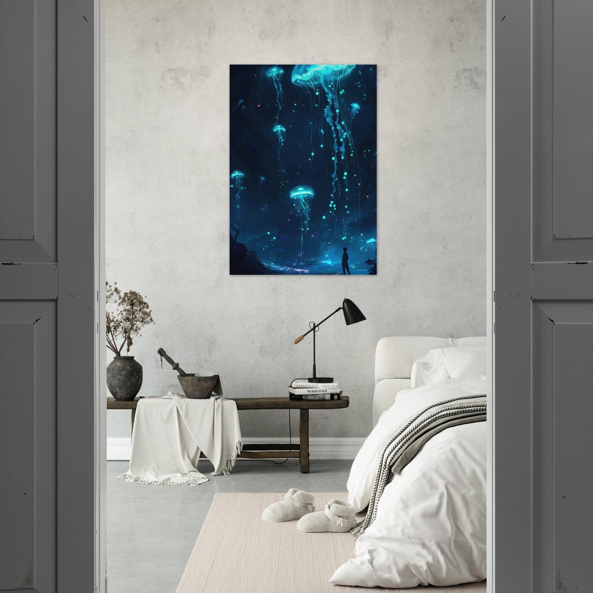 Aluminum Print Portrait - Glowing Bioluminescent Jellyfish in the Deep Tea - Shop Ai Art WebShop - Digital Art online Store