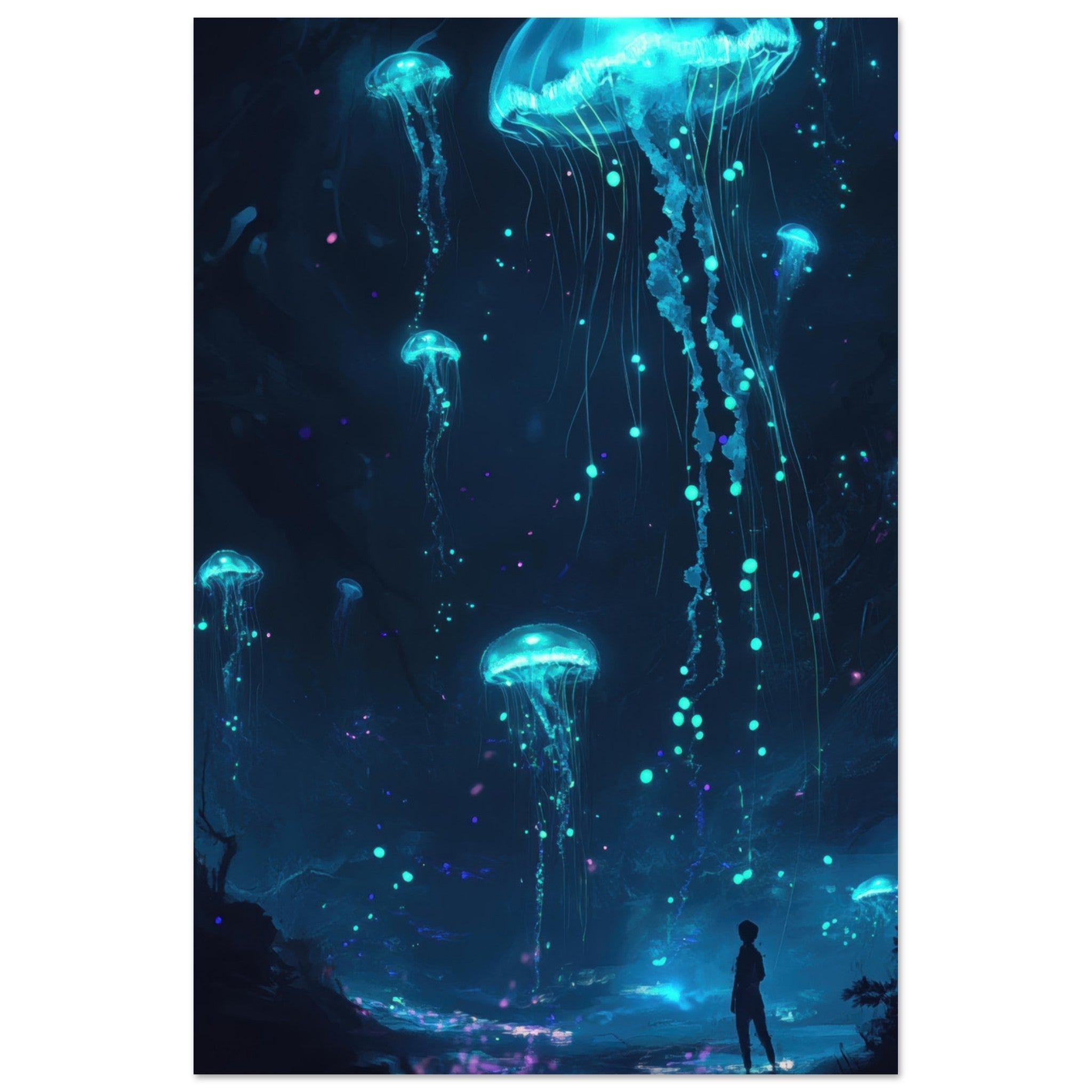 Aluminum Print Portrait - Glowing Bioluminescent Jellyfish in the Deep Tea - Shop Ai Art WebShop - Digital Art online Store
