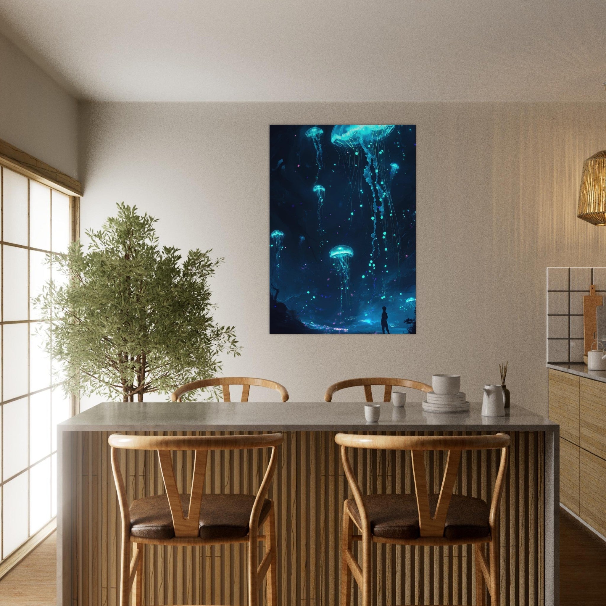 Aluminum Print Portrait - Glowing Bioluminescent Jellyfish in the Deep Tea - Shop Ai Art WebShop - Digital Art online Store