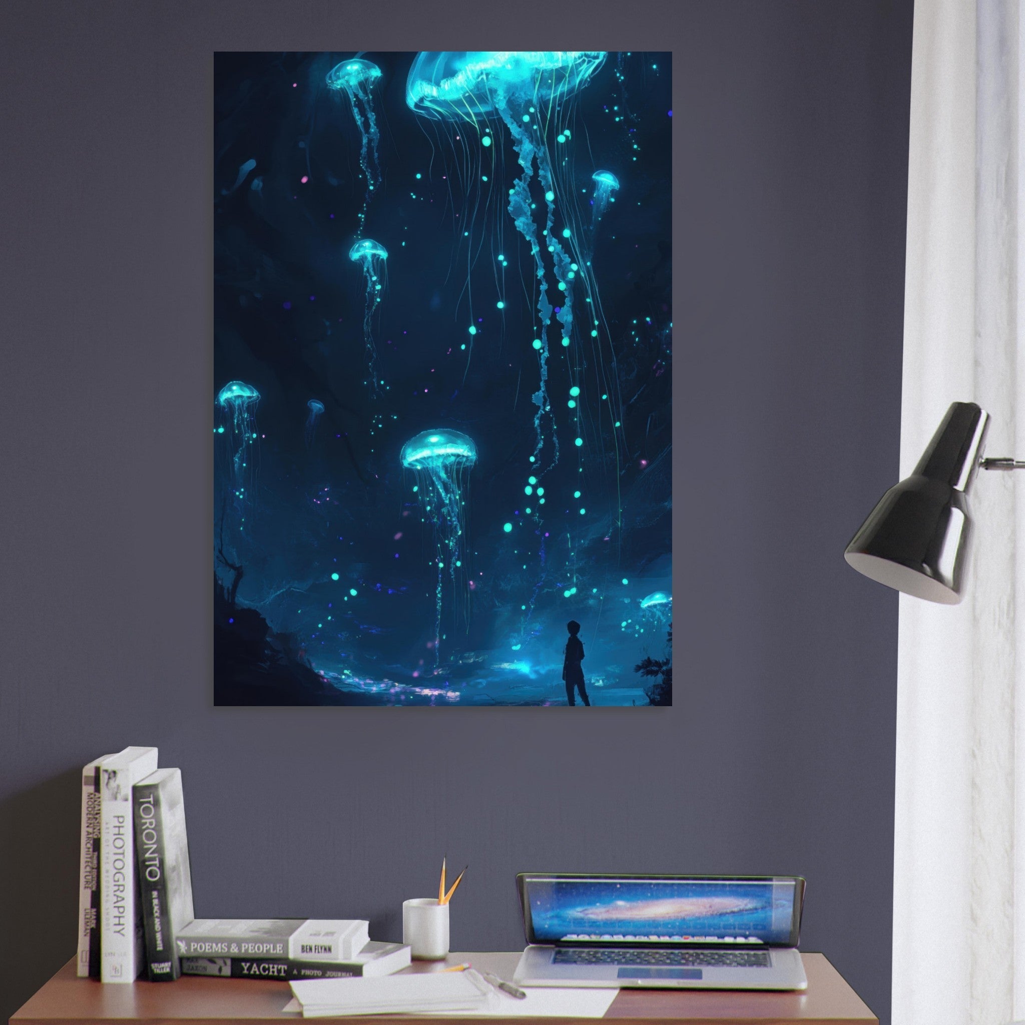 Aluminum Print Portrait - Glowing Bioluminescent Jellyfish in the Deep Tea - Shop Ai Art WebShop - Digital Art online Store