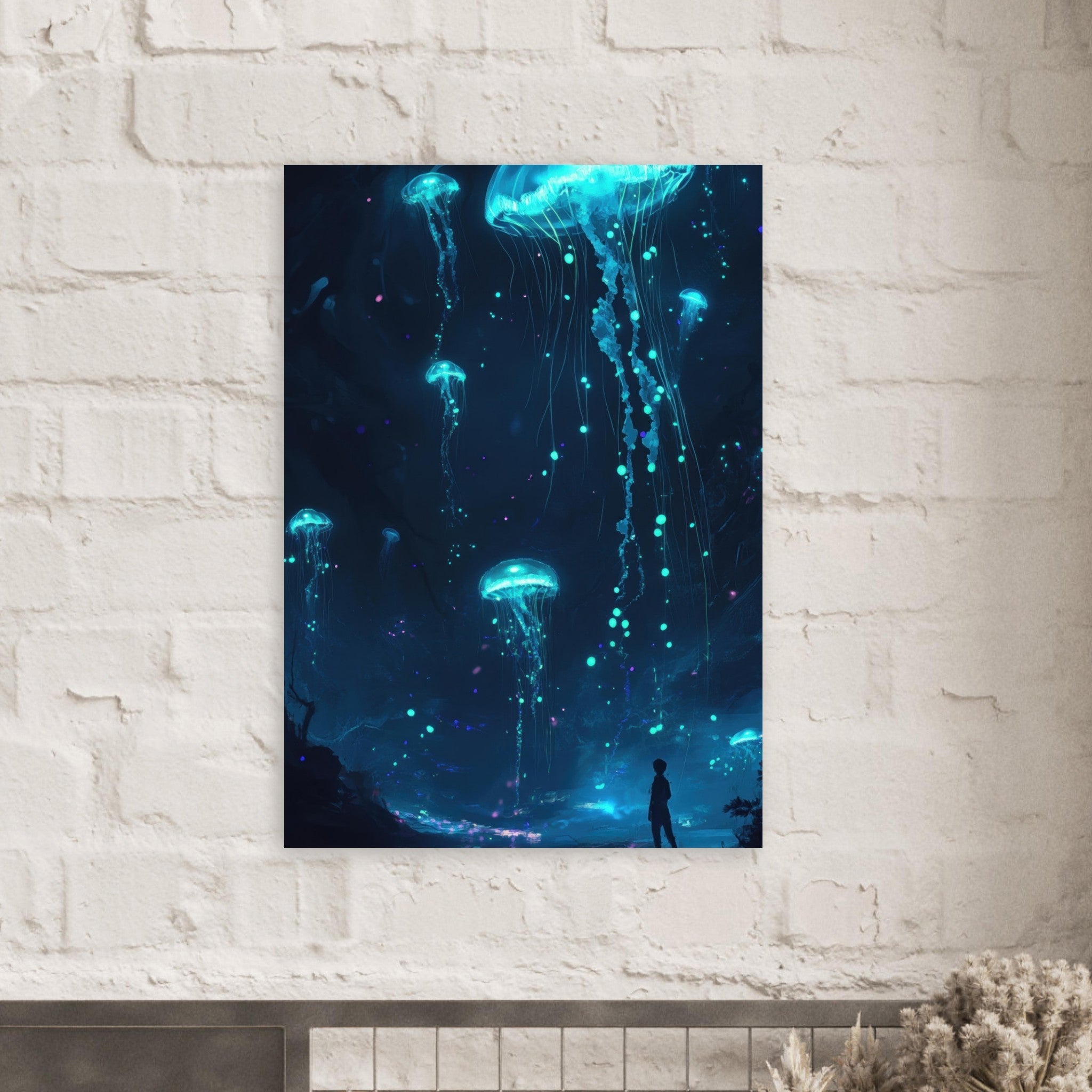 Aluminum Print Portrait - Glowing Bioluminescent Jellyfish in the Deep Tea - Shop Ai Art WebShop - Digital Art online Store