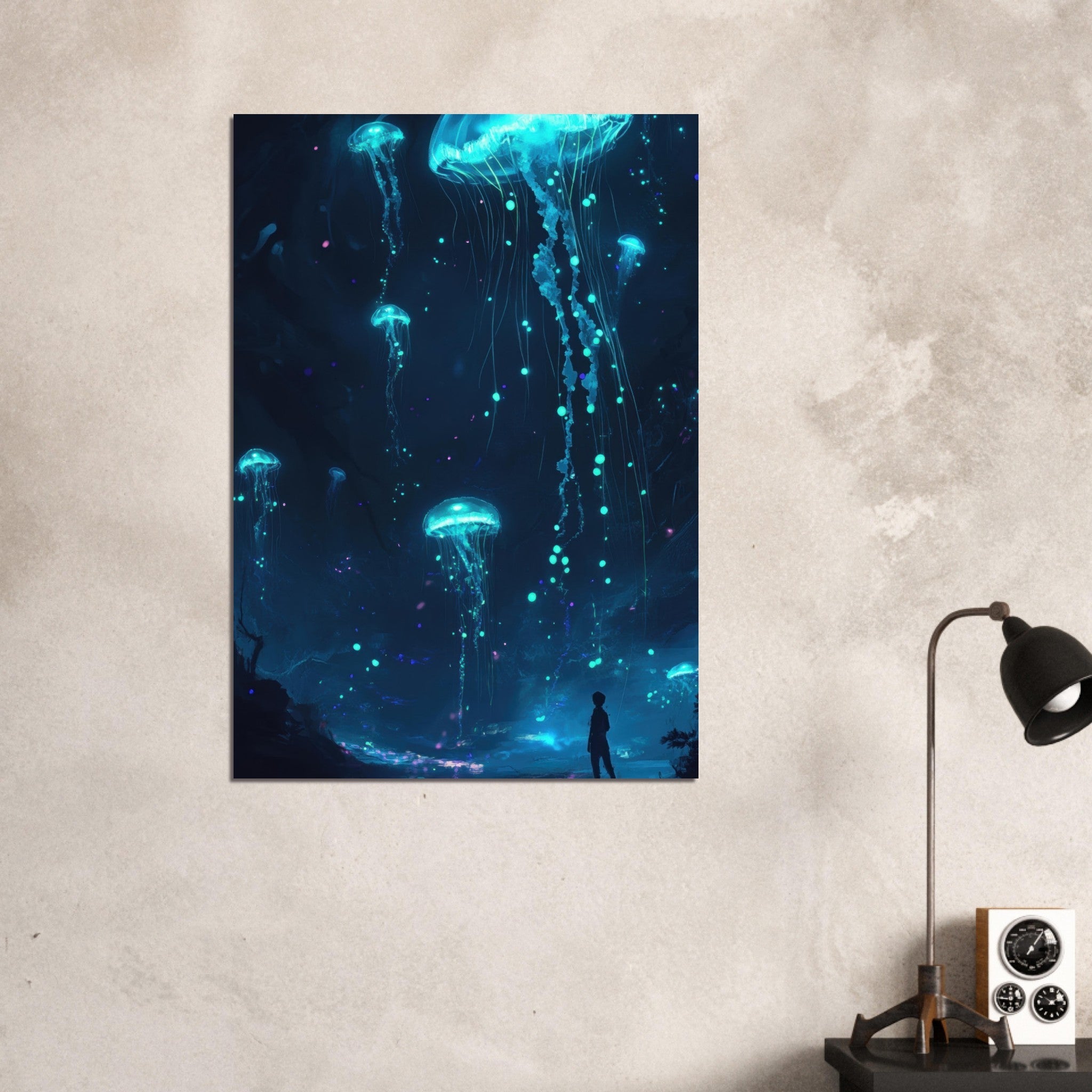 Aluminum Print Portrait - Glowing Bioluminescent Jellyfish in the Deep Tea - Shop Ai Art WebShop - Digital Art online Store