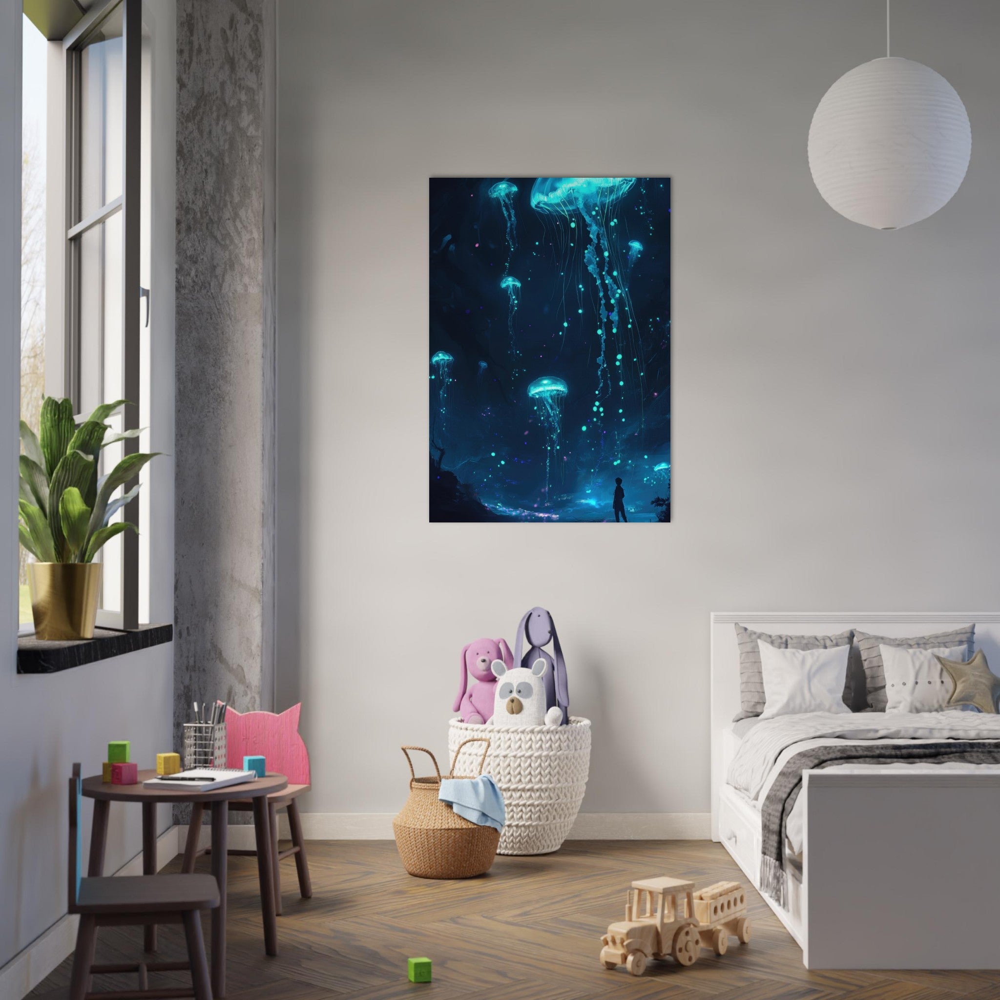 Aluminum Print Portrait - Glowing Bioluminescent Jellyfish in the Deep Tea - Shop Ai Art WebShop - Digital Art online Store