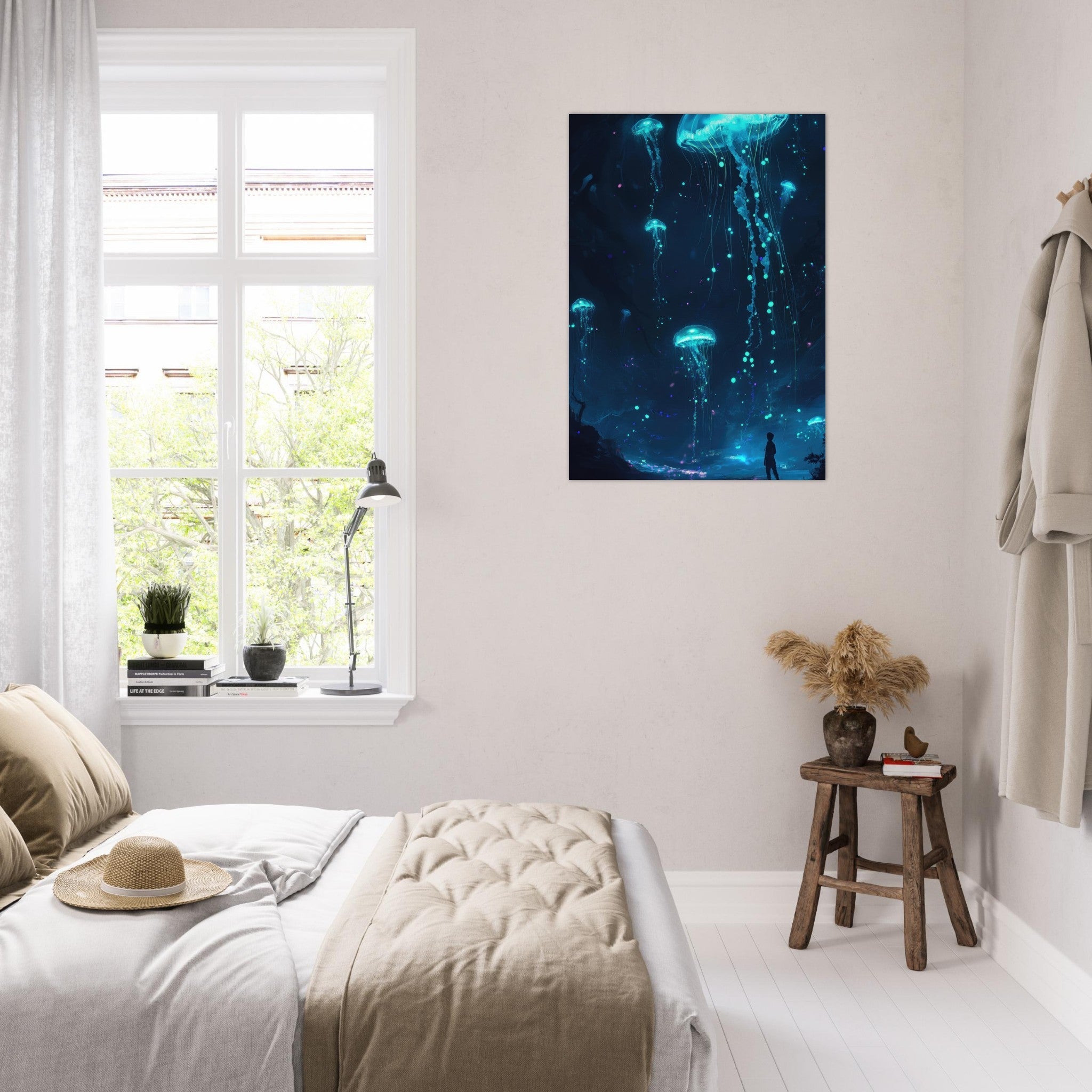 Aluminum Print Portrait - Glowing Bioluminescent Jellyfish in the Deep Tea - Shop Ai Art WebShop - Digital Art online Store