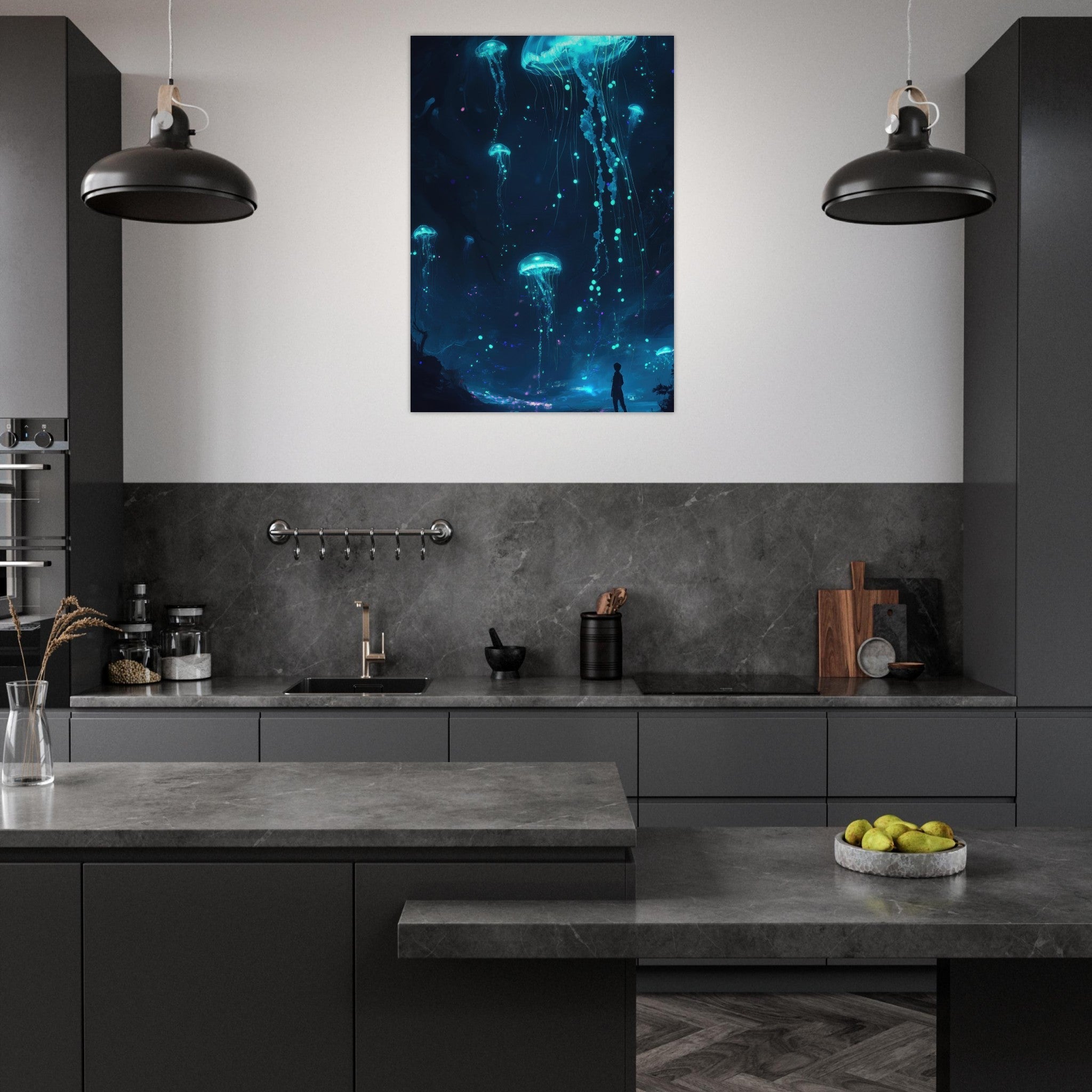 Aluminum Print Portrait - Glowing Bioluminescent Jellyfish in the Deep Tea - Shop Ai Art WebShop - Digital Art online Store