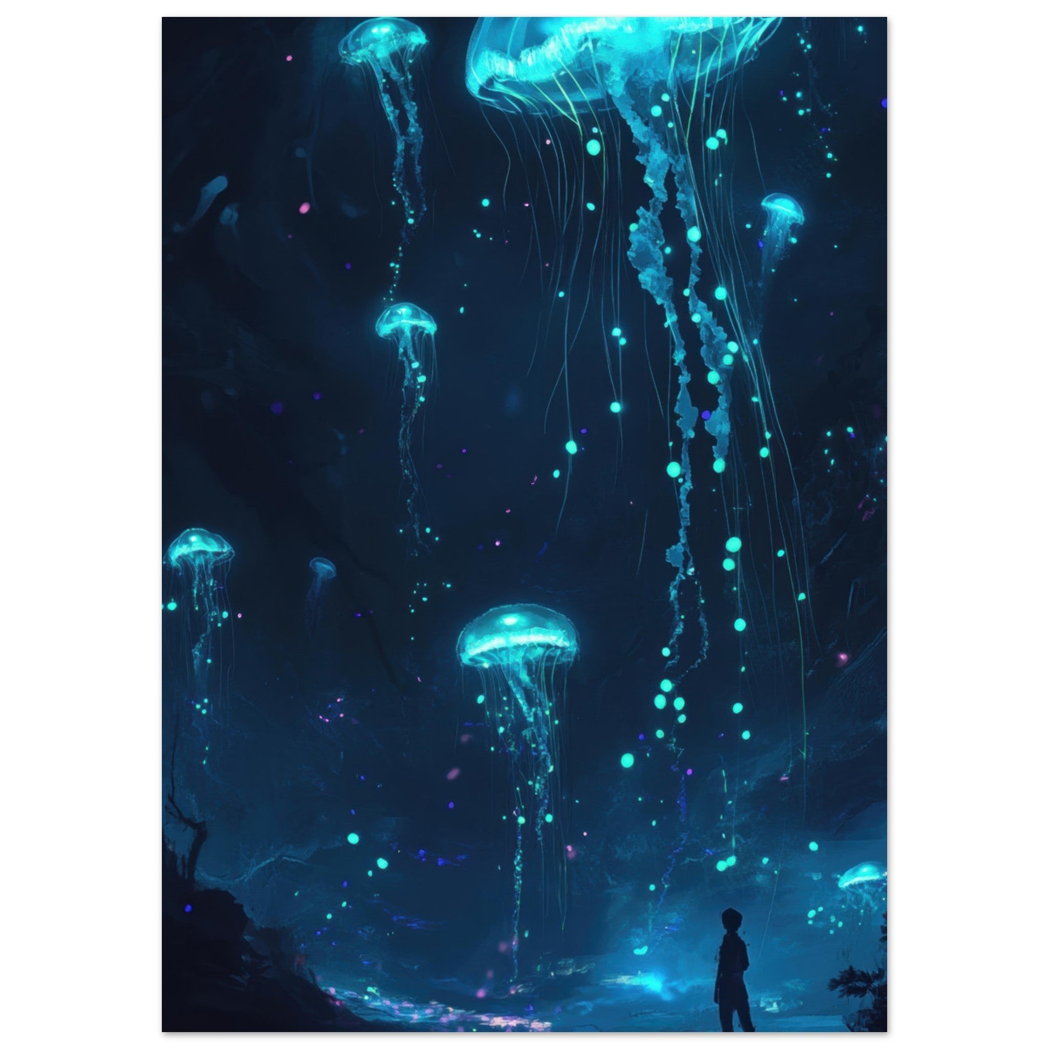 Aluminum Print Portrait - Glowing Bioluminescent Jellyfish in the Deep Tea - Shop Ai Art WebShop - Digital Art online Store