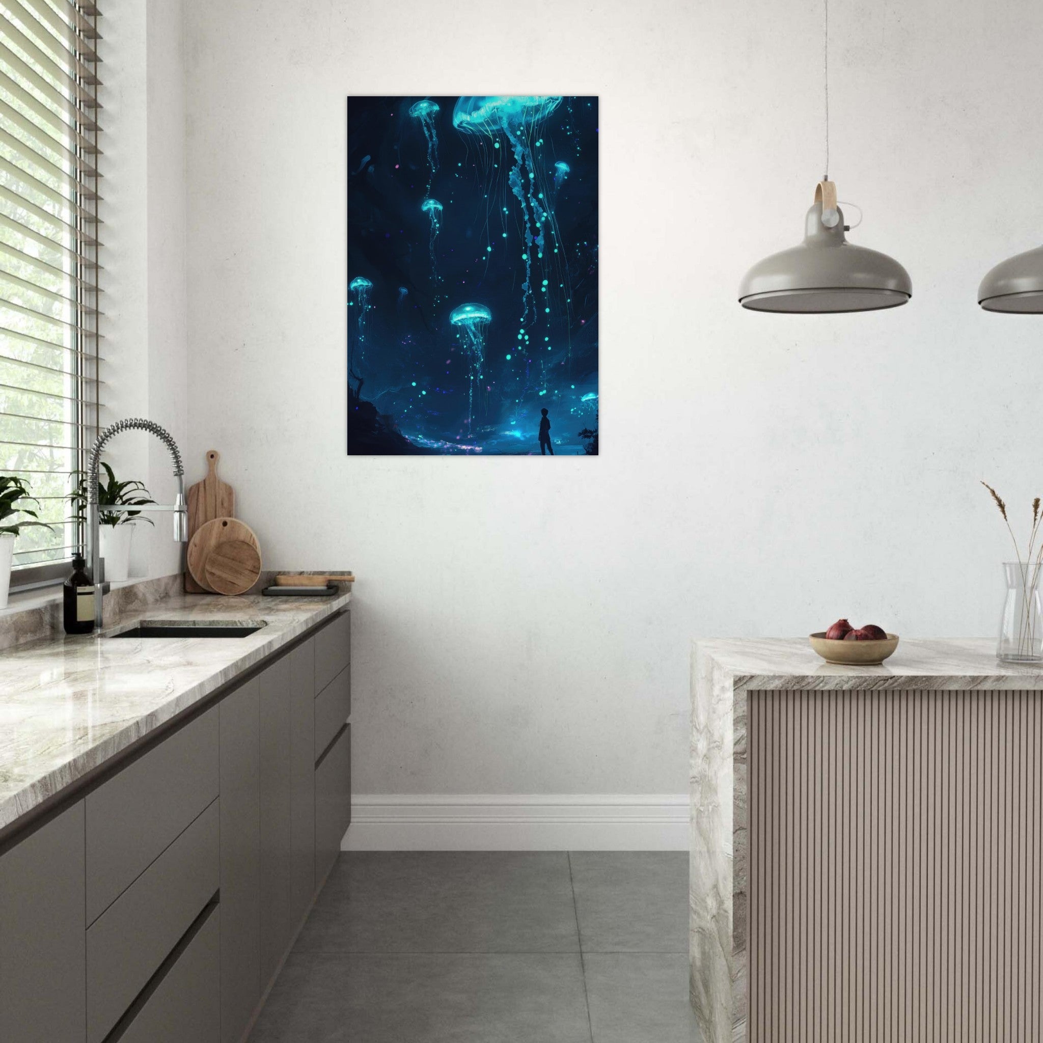 Aluminum Print Portrait - Glowing Bioluminescent Jellyfish in the Deep Tea - Shop Ai Art WebShop - Digital Art online Store