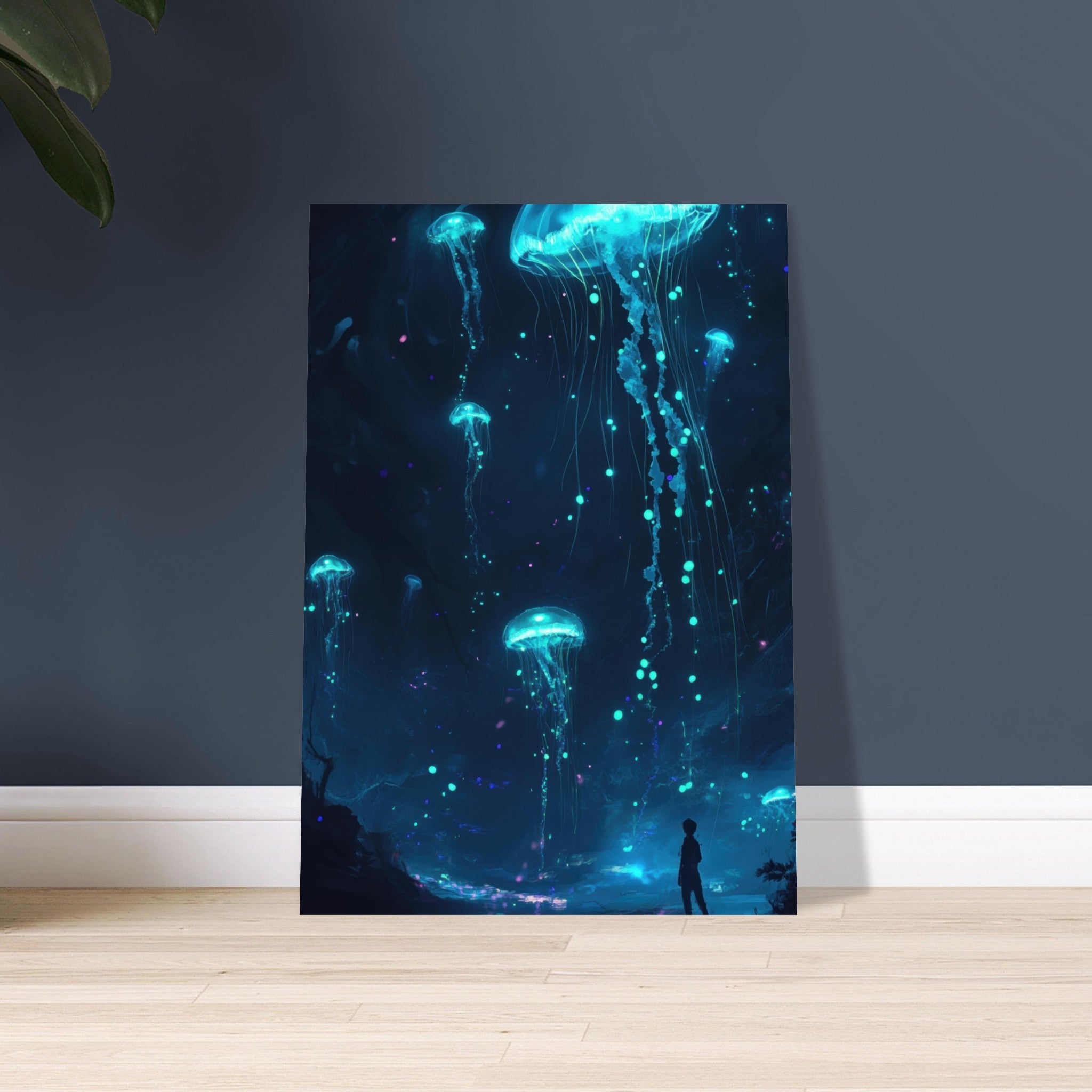 Aluminum Print Portrait - Glowing Bioluminescent Jellyfish in the Deep Tea - Shop Ai Art WebShop - Digital Art online Store