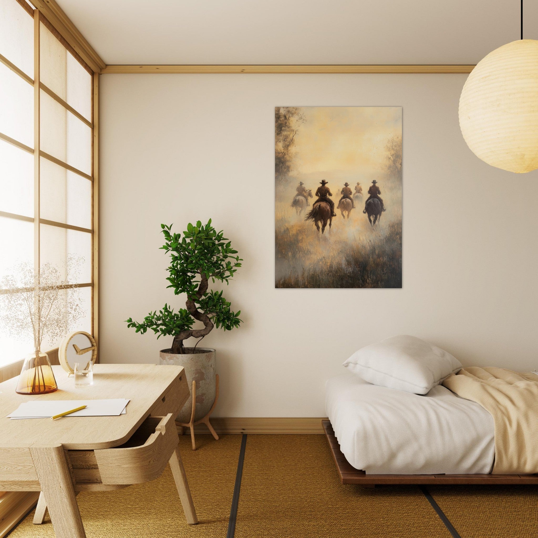 Aluminum Print Portrait - Horse Riders in the Morning Mist A group of else - Shop Ai Art WebShop - Digital Art online Store