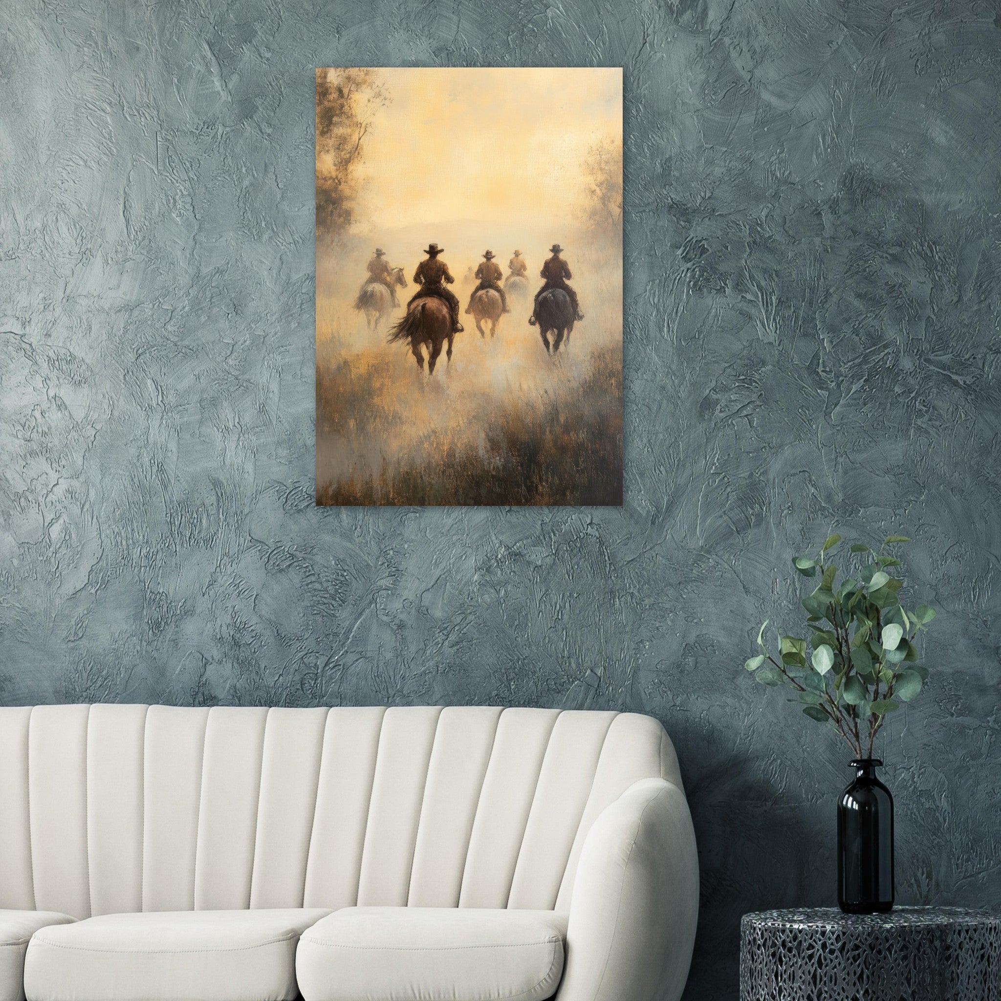 Aluminum Print Portrait - Horse Riders in the Morning Mist A group of else - Shop Ai Art WebShop - Digital Art online Store