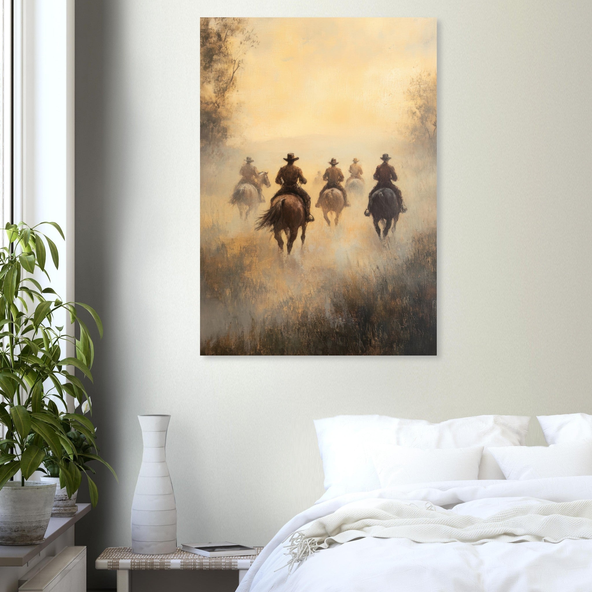 Aluminum Print Portrait - Horse Riders in the Morning Mist A group of else - Shop Ai Art WebShop - Digital Art online Store