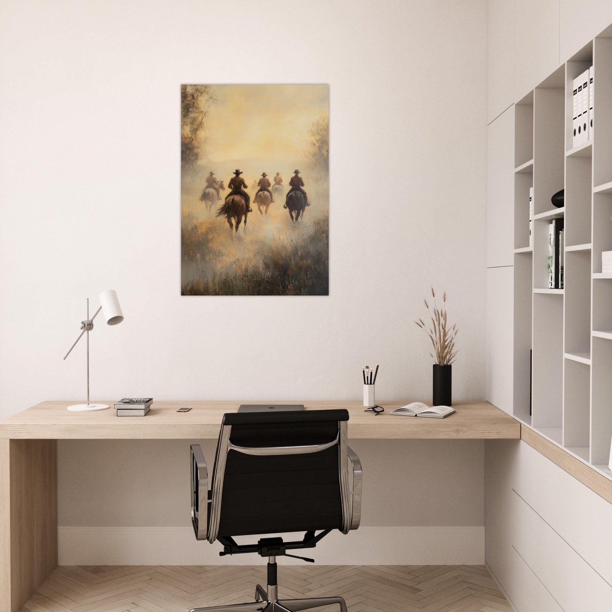 Aluminum Print Portrait - Horse Riders in the Morning Mist A group of else - Shop Ai Art WebShop - Digital Art online Store