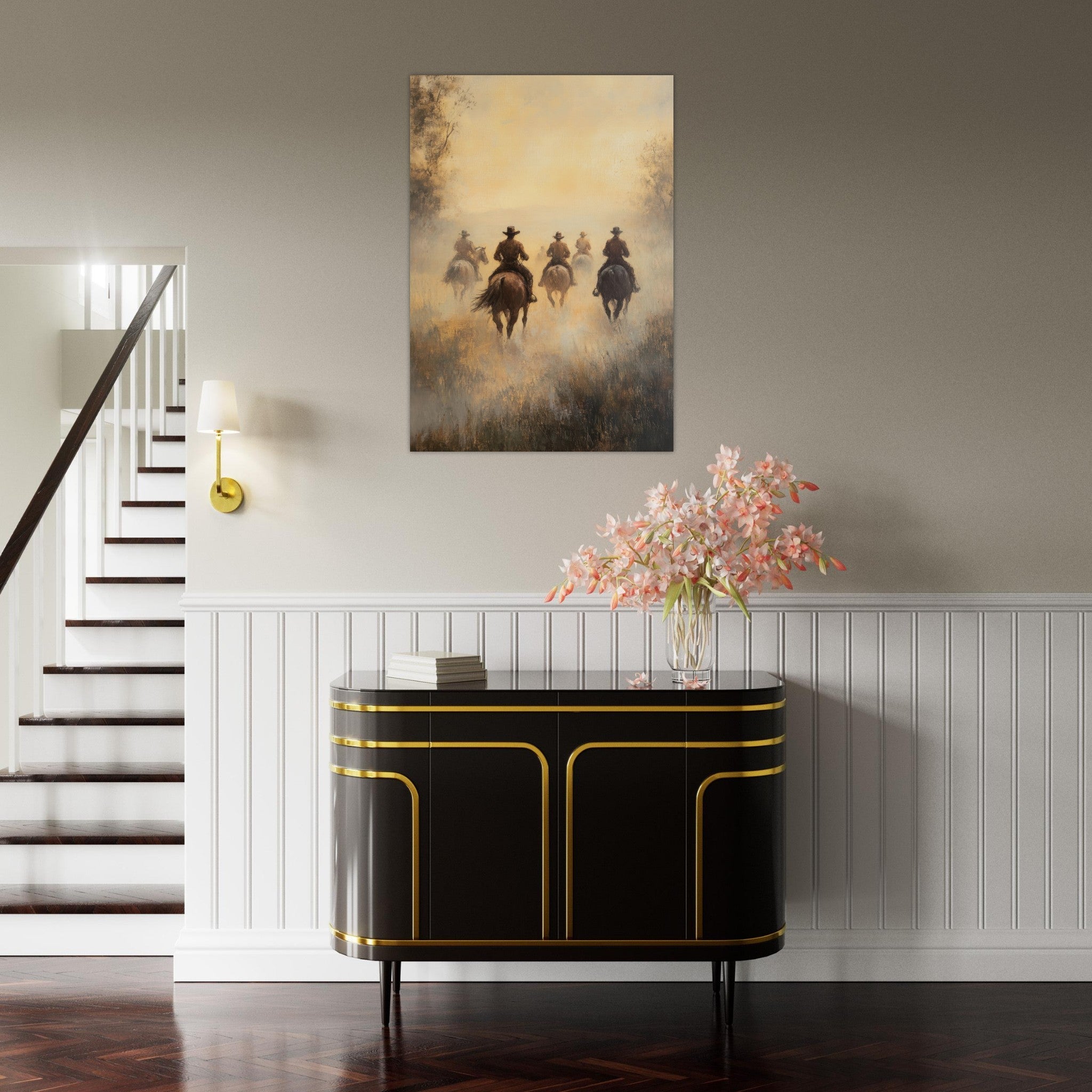 Aluminum Print Portrait - Horse Riders in the Morning Mist A group of else - Shop Ai Art WebShop - Digital Art online Store