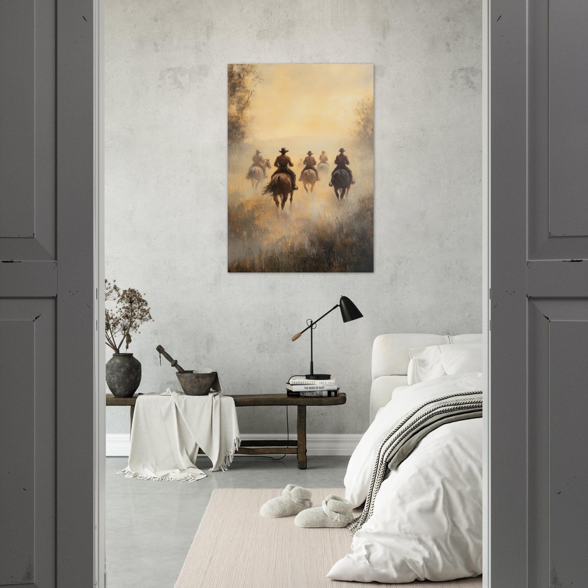 Aluminum Print Portrait - Horse Riders in the Morning Mist A group of else - Shop Ai Art WebShop - Digital Art online Store