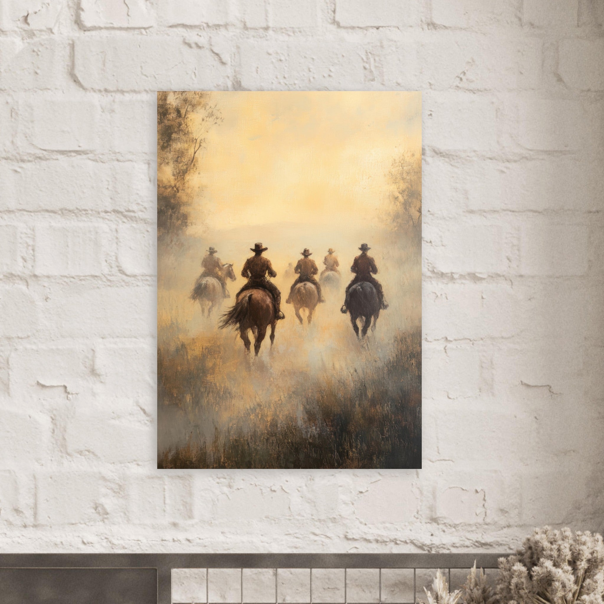Aluminum Print Portrait - Horse Riders in the Morning Mist A group of else - Shop Ai Art WebShop - Digital Art online Store