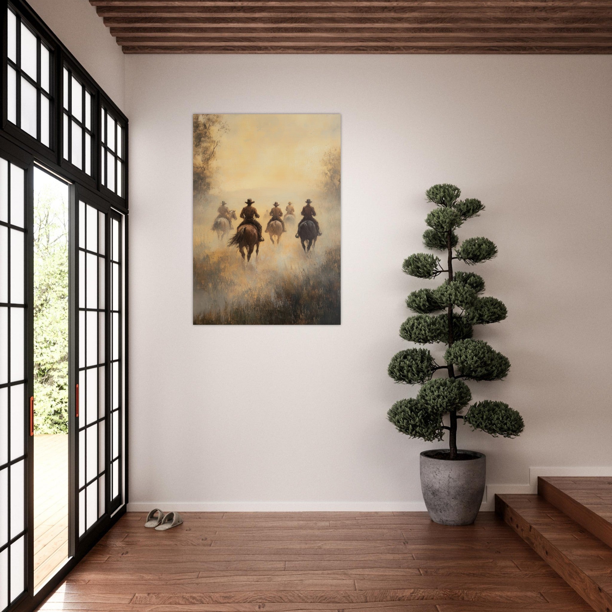 Aluminum Print Portrait - Horse Riders in the Morning Mist A group of else - Shop Ai Art WebShop - Digital Art online Store