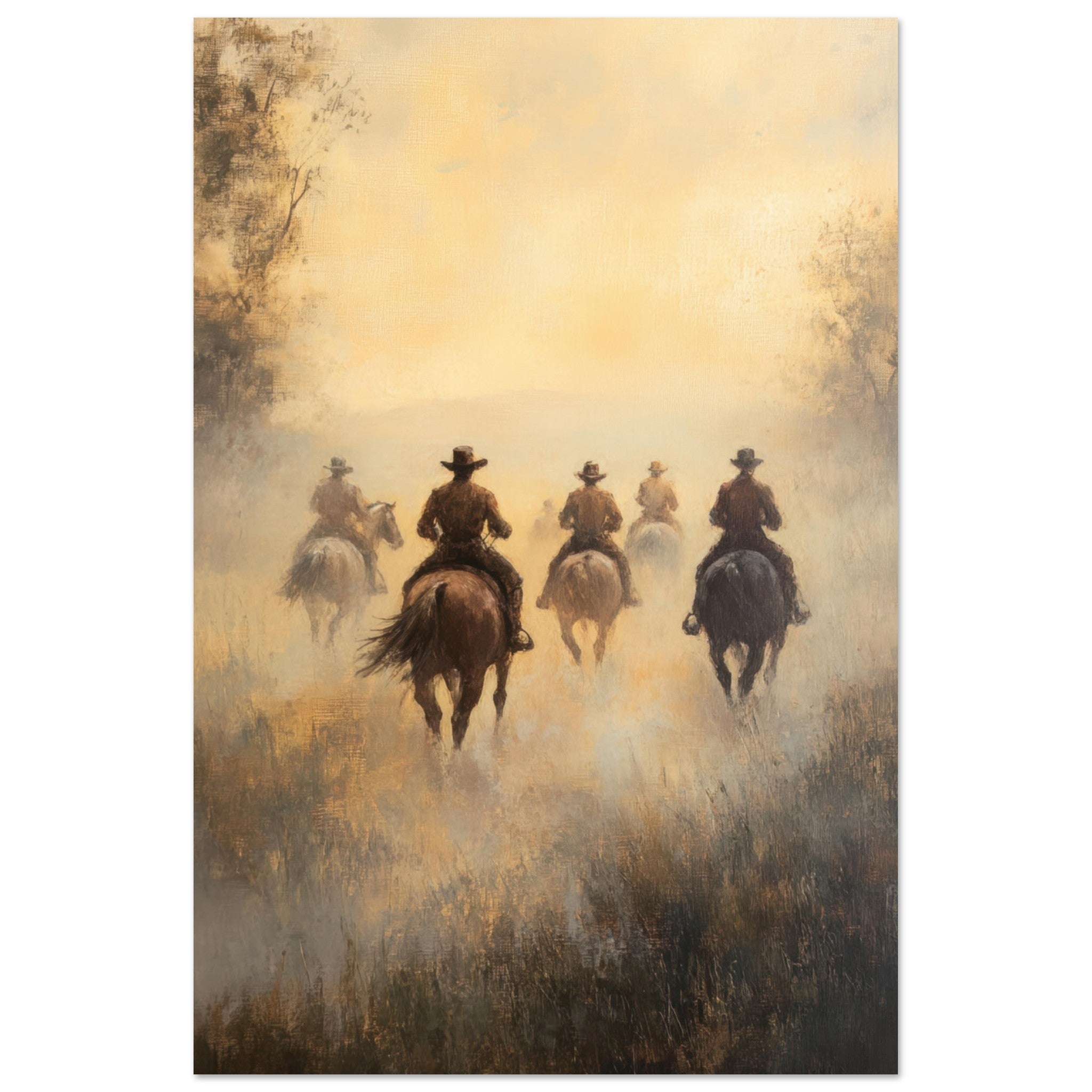 Aluminum Print Portrait - Horse Riders in the Morning Mist A group of else - Shop Ai Art WebShop - Digital Art online Store