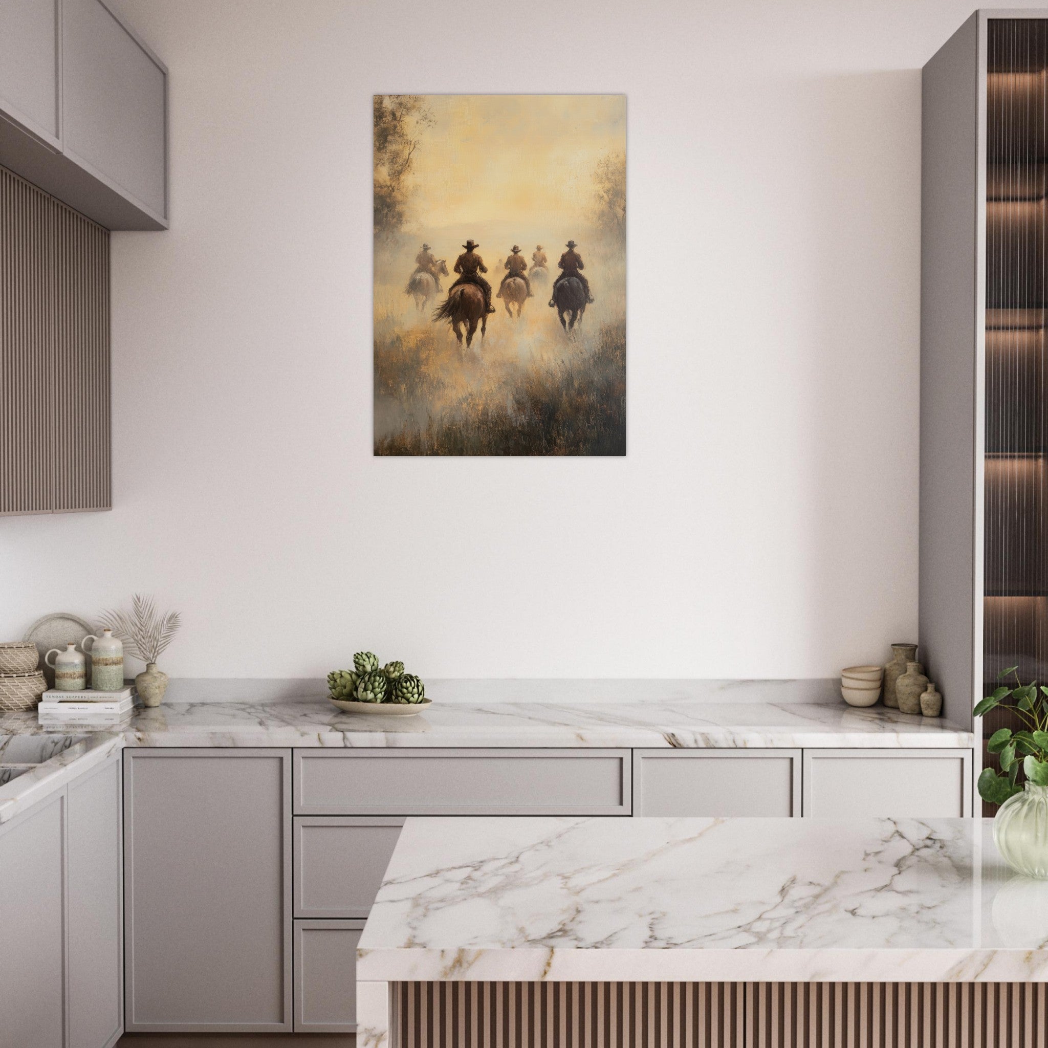 Aluminum Print Portrait - Horse Riders in the Morning Mist A group of else - Shop Ai Art WebShop - Digital Art online Store