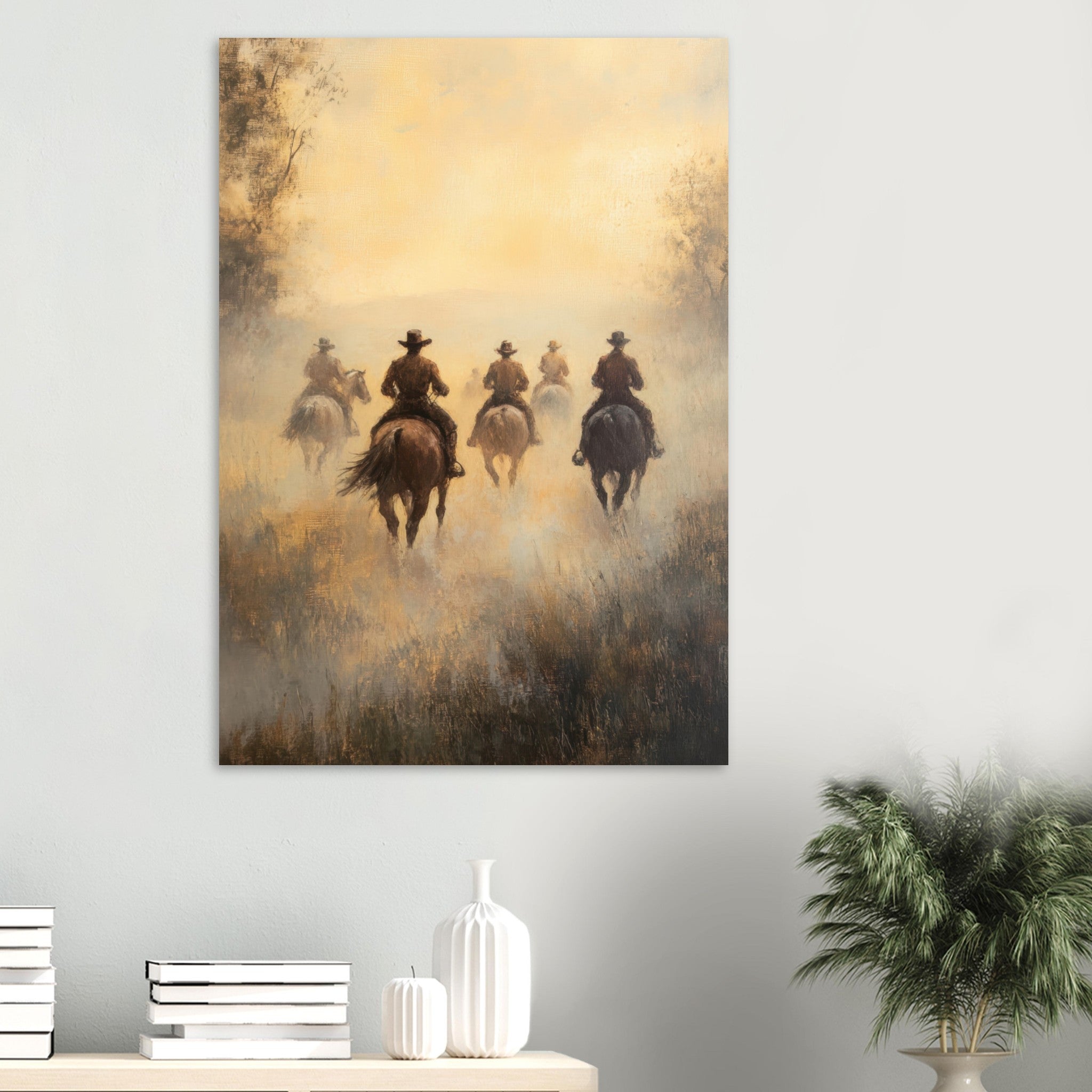 Aluminum Print Portrait - Horse Riders in the Morning Mist A group of else - Shop Ai Art WebShop - Digital Art online Store