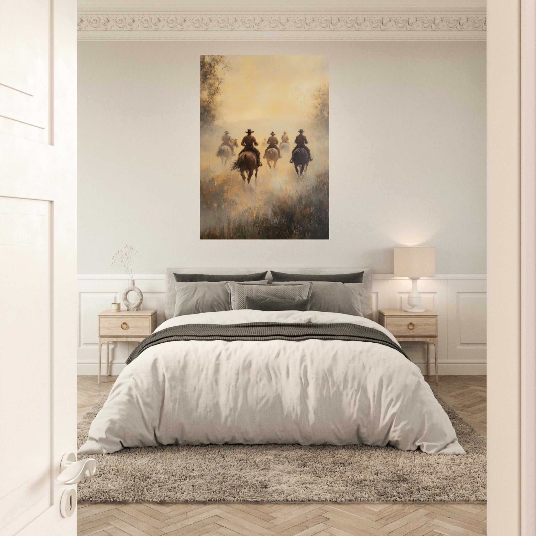 Aluminum Print Portrait - Horse Riders in the Morning Mist A group of else - Shop Ai Art WebShop - Digital Art online Store