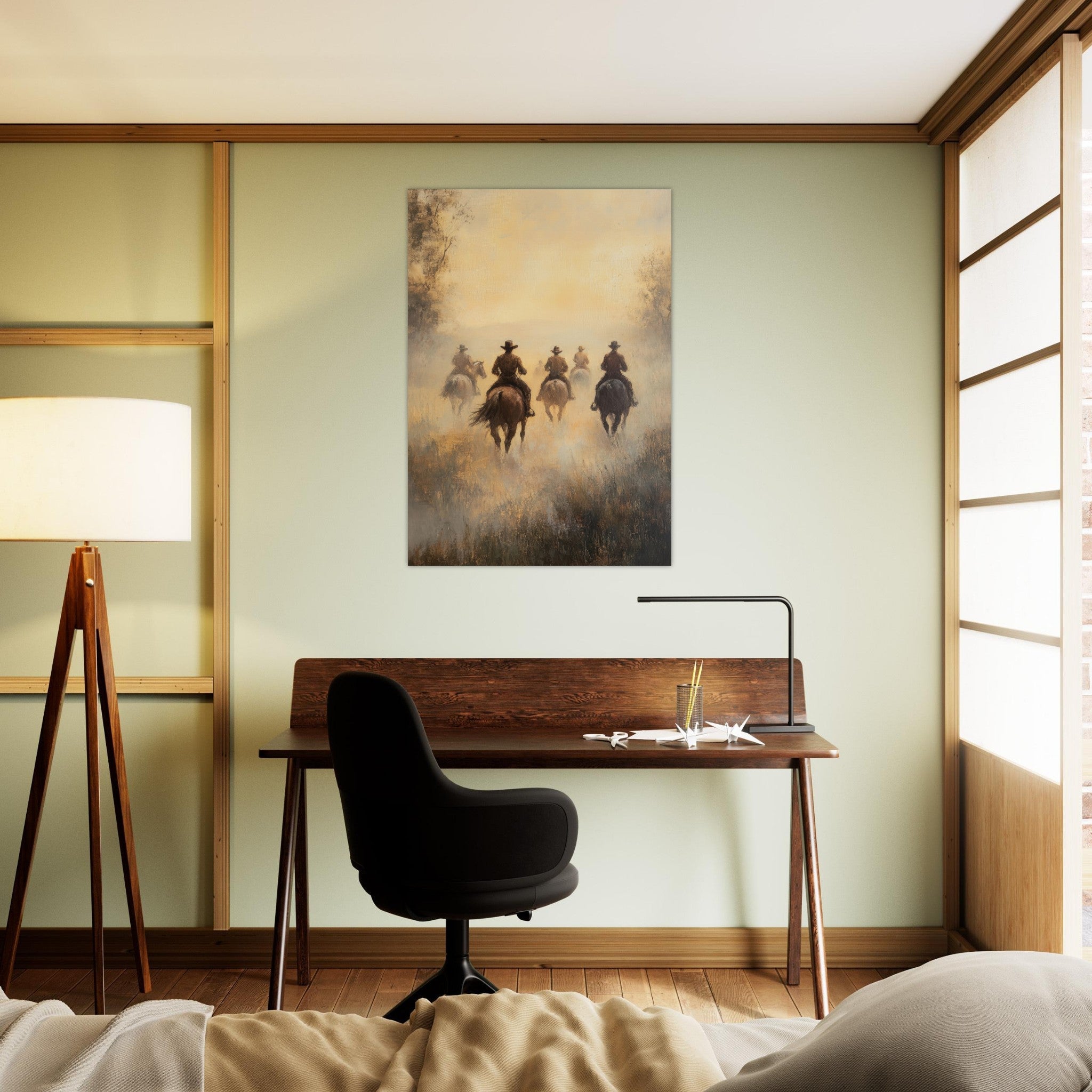 Aluminum Print Portrait - Horse Riders in the Morning Mist A group of else - Shop Ai Art WebShop - Digital Art online Store