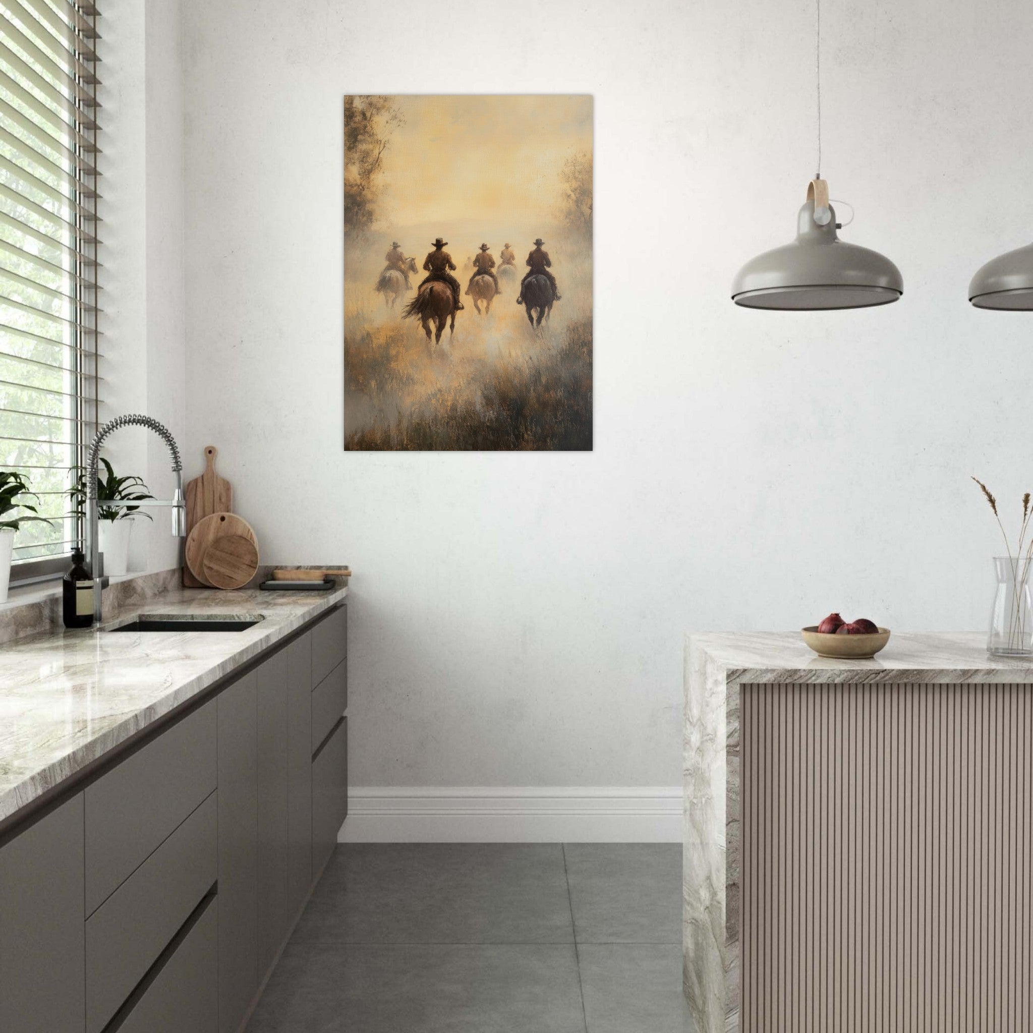 Aluminum Print Portrait - Horse Riders in the Morning Mist A group of else - Shop Ai Art WebShop - Digital Art online Store