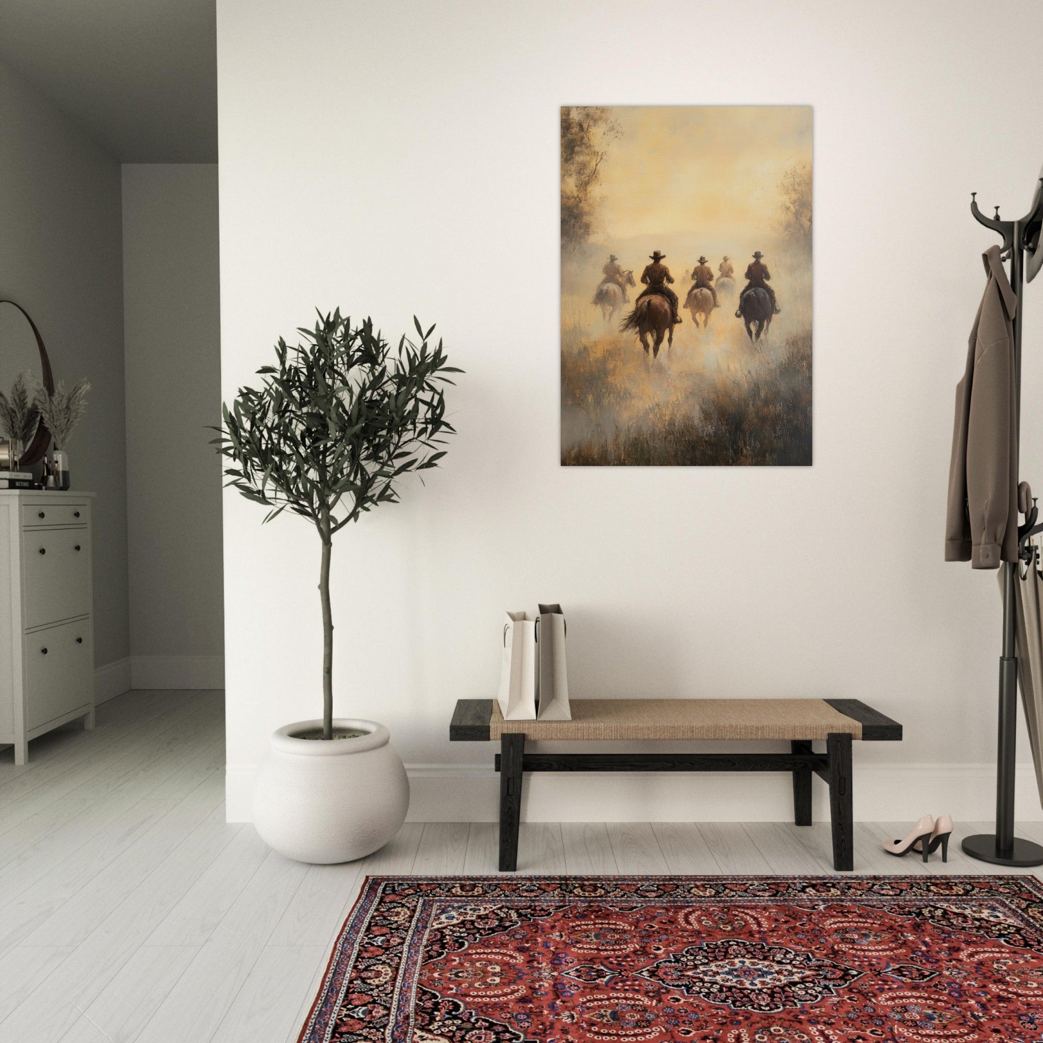 Aluminum Print Portrait - Horse Riders in the Morning Mist A group of else - Shop Ai Art WebShop - Digital Art online Store