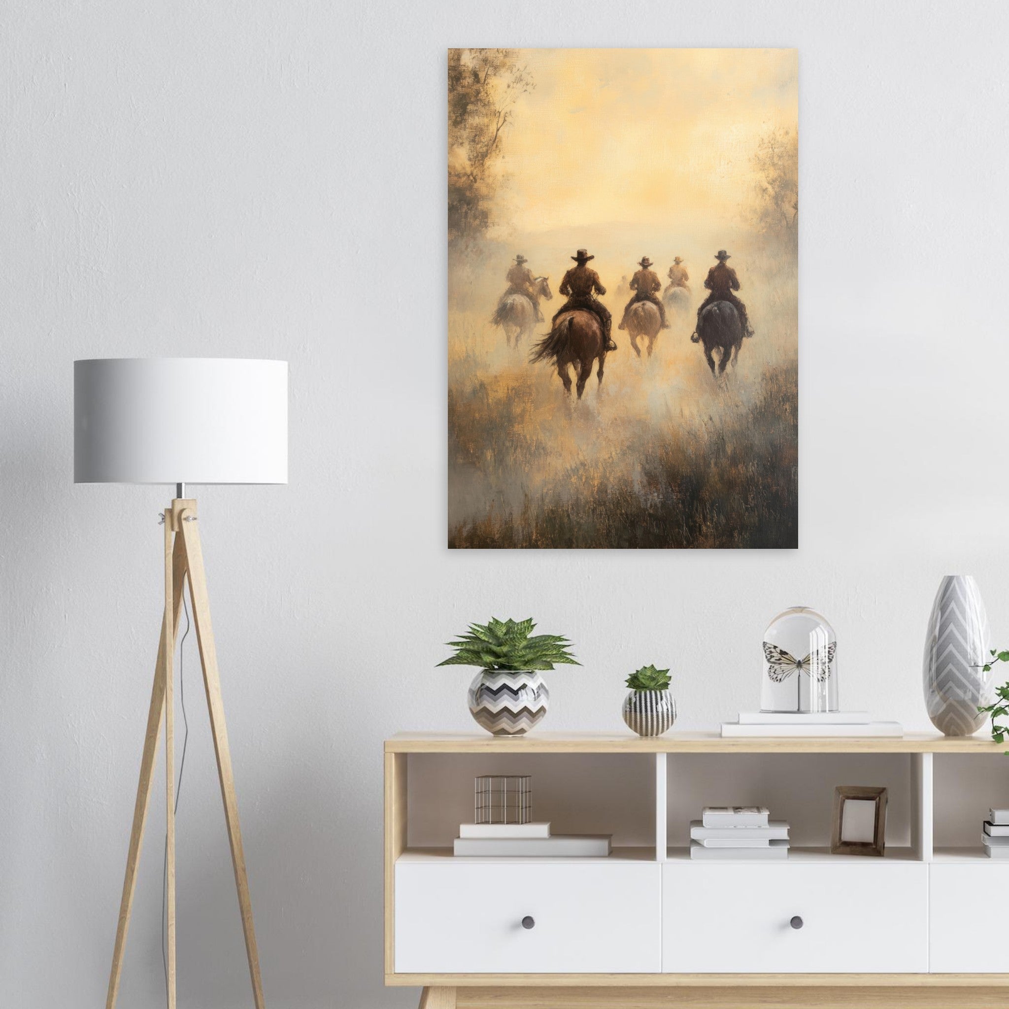 Aluminum Print Portrait - Horse Riders in the Morning Mist A group of else - Shop Ai Art WebShop - Digital Art online Store