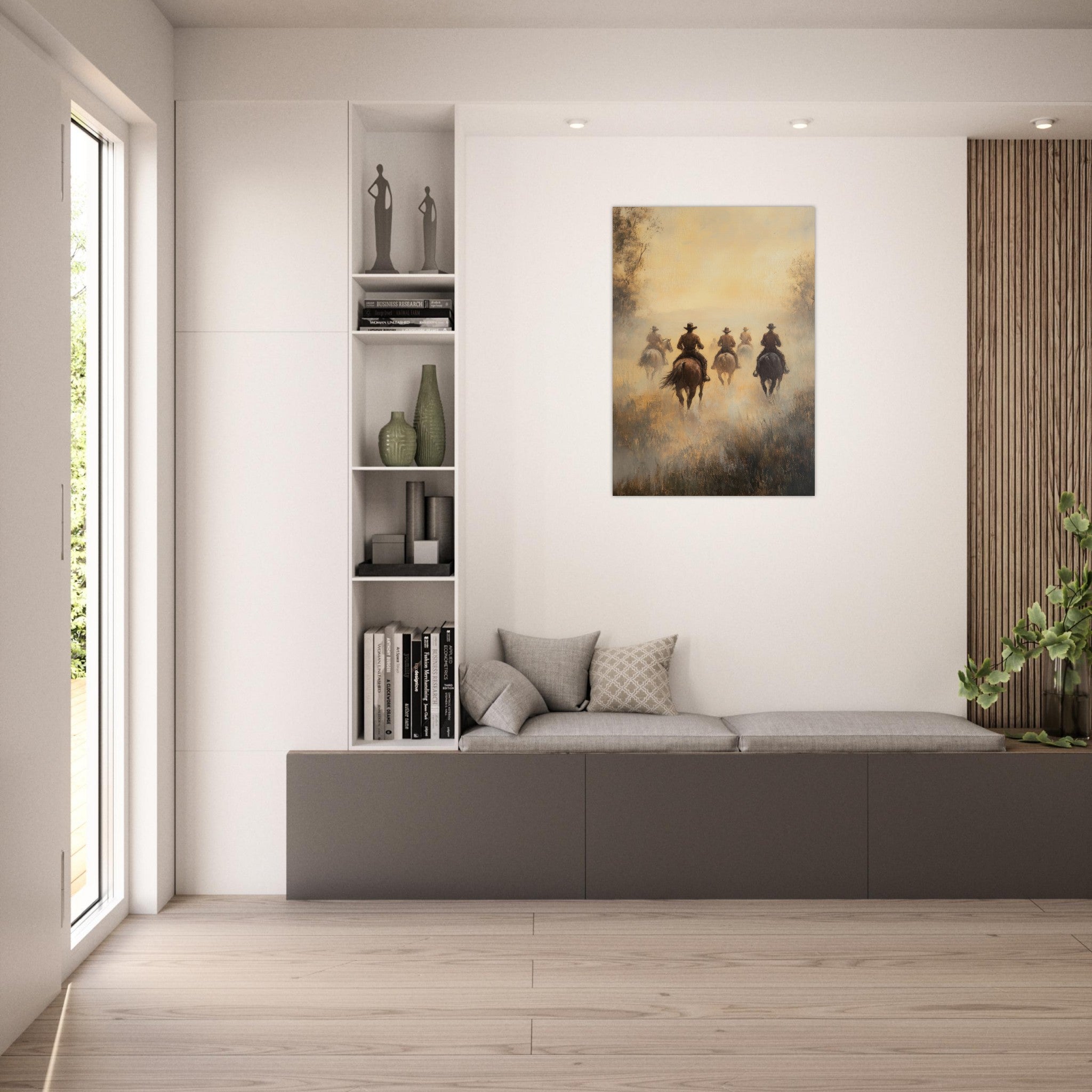 Aluminum Print Portrait - Horse Riders in the Morning Mist A group of else - Shop Ai Art WebShop - Digital Art online Store