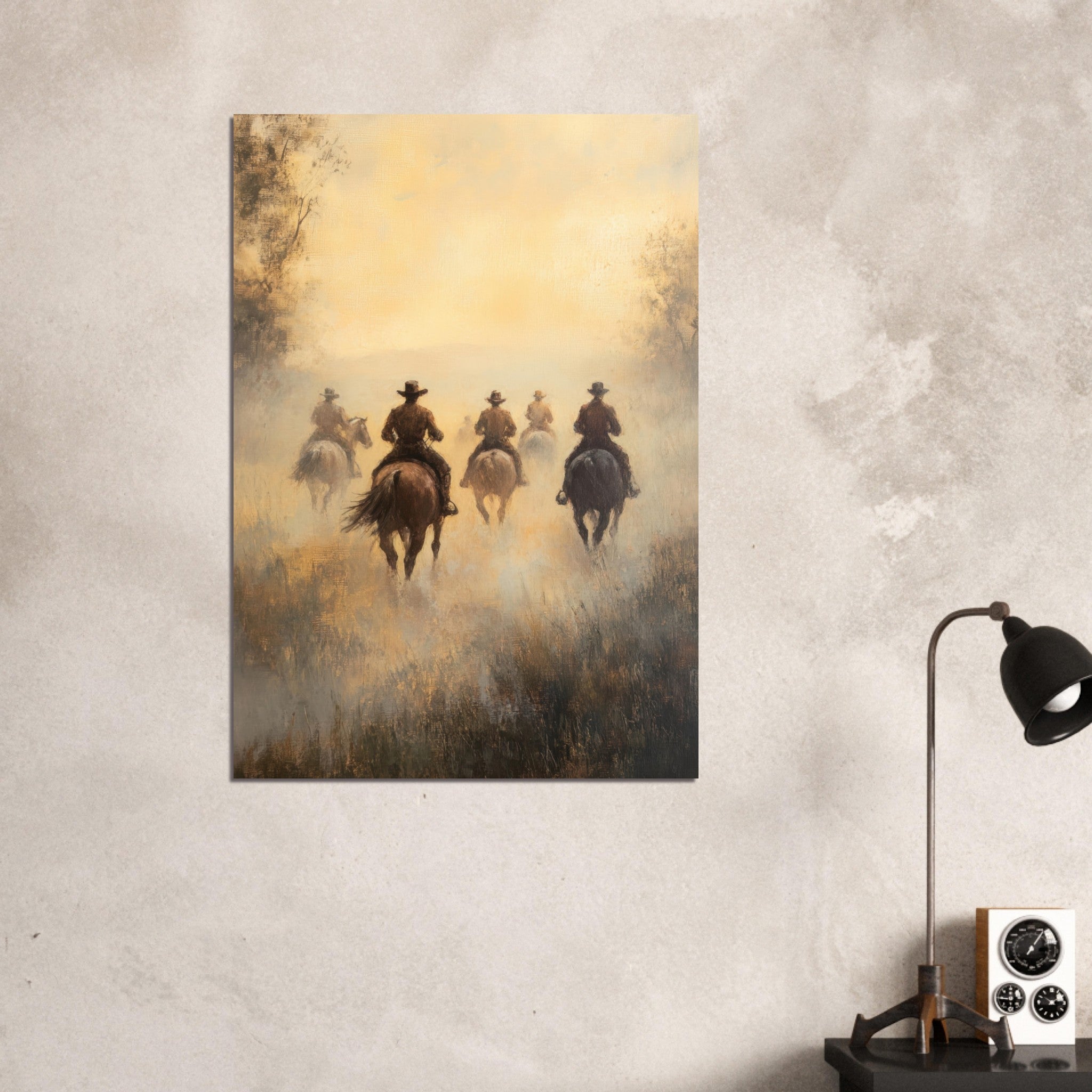 Aluminum Print Portrait - Horse Riders in the Morning Mist A group of else - Shop Ai Art WebShop - Digital Art online Store