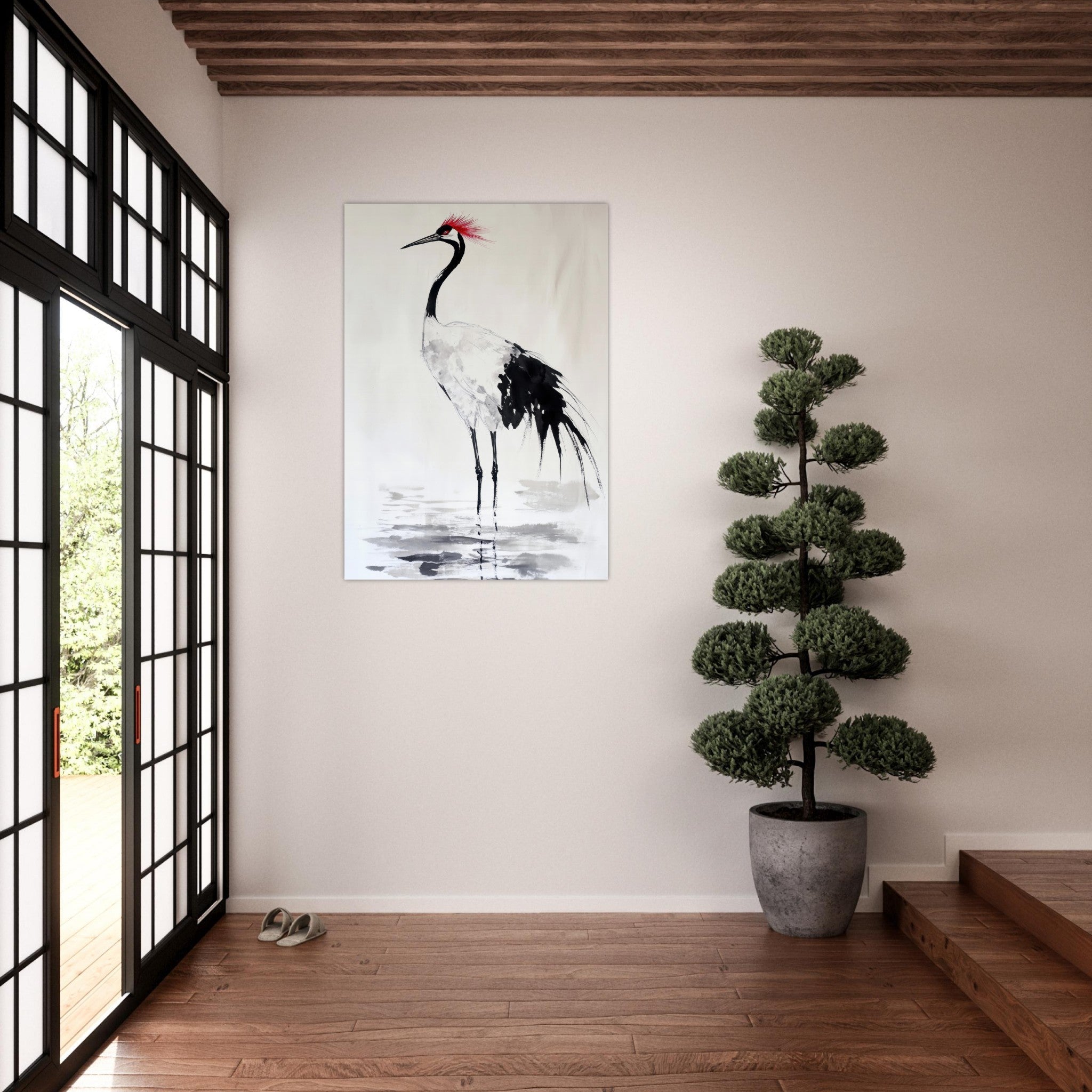 Aluminum Print Portrait - Japanese Ink Wash Painting of a Crane A graceful - Shop Ai Art WebShop - Digital Art online Store