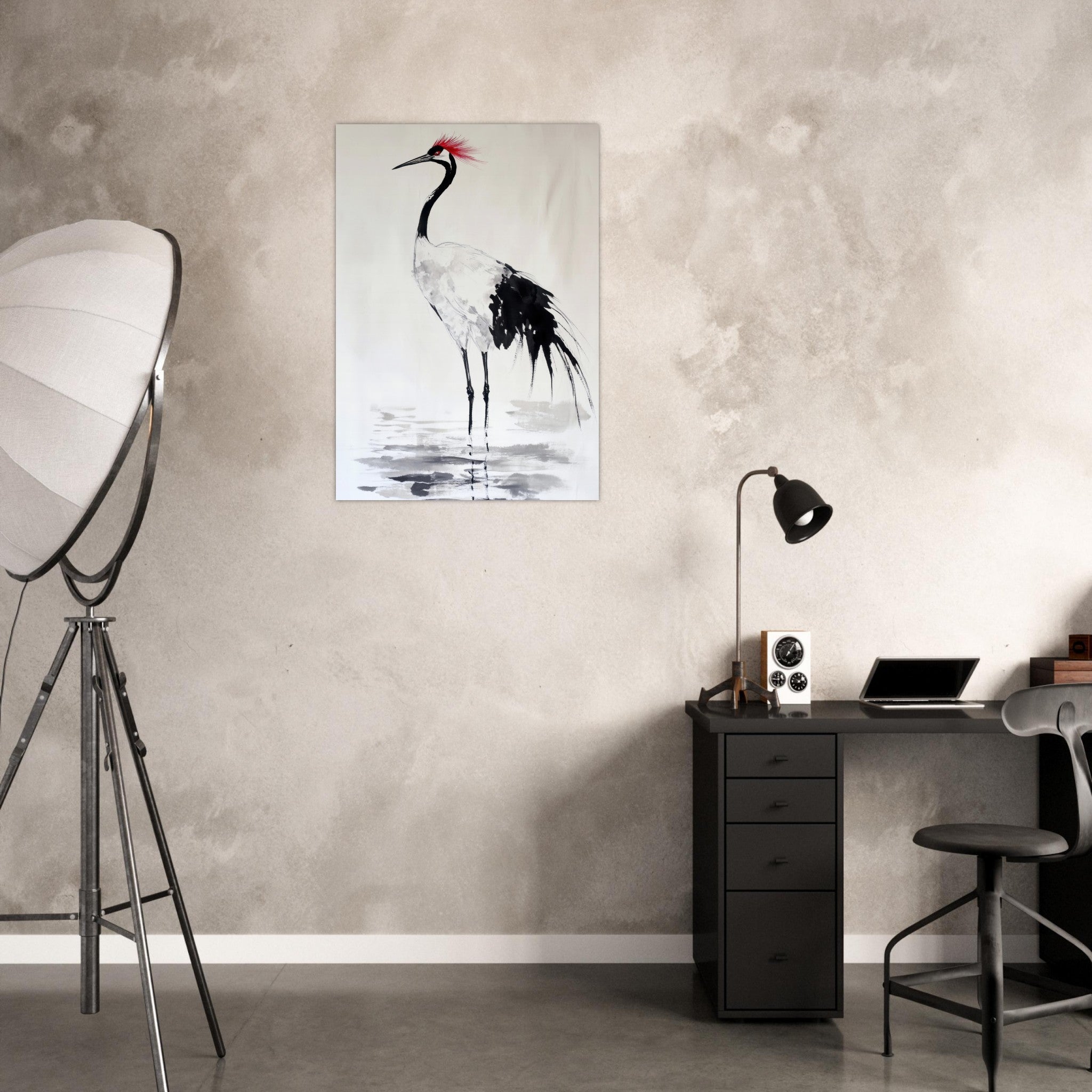 Aluminum Print Portrait - Japanese Ink Wash Painting of a Crane A graceful - Shop Ai Art WebShop - Digital Art online Store
