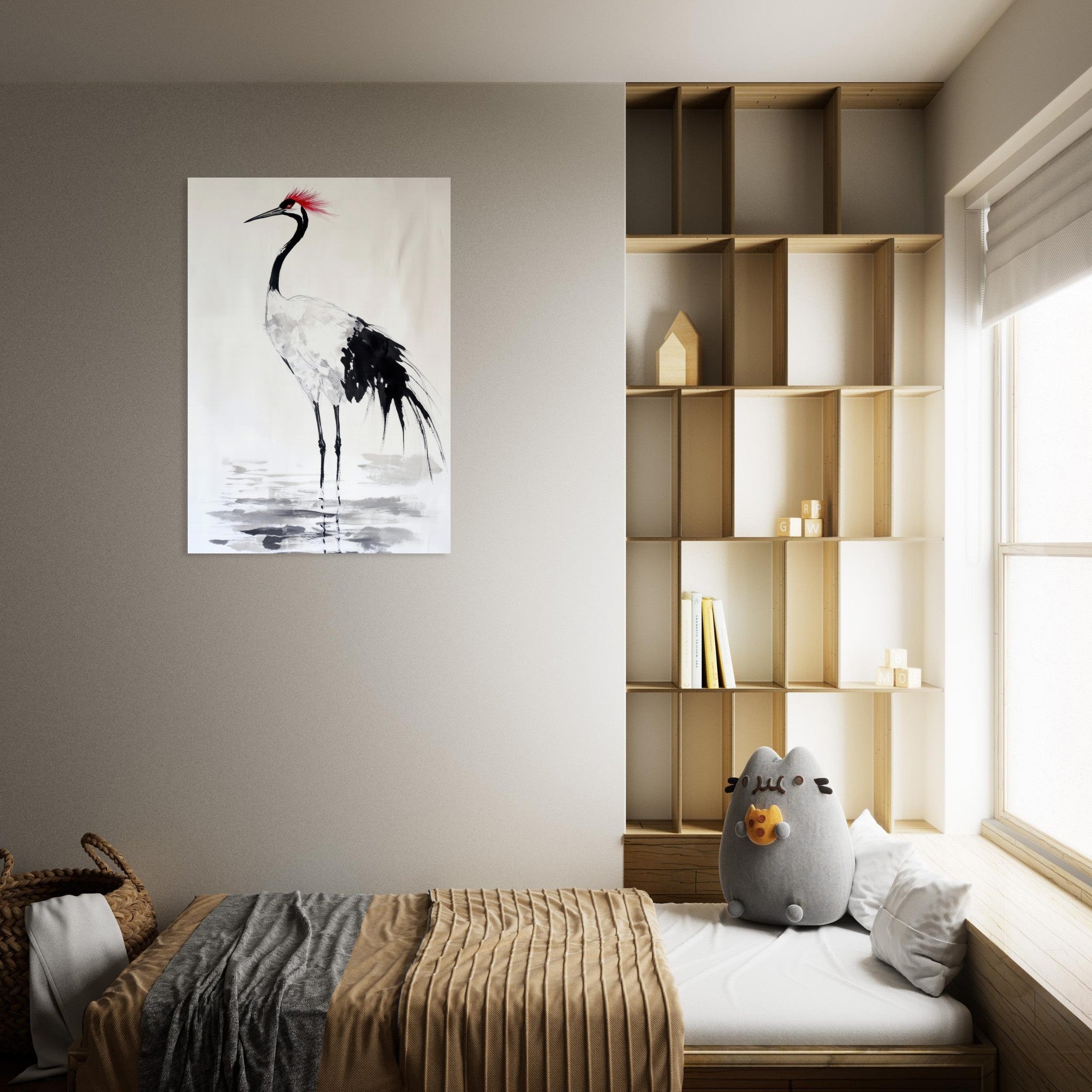 Aluminum Print Portrait - Japanese Ink Wash Painting of a Crane A graceful - Shop Ai Art WebShop - Digital Art online Store