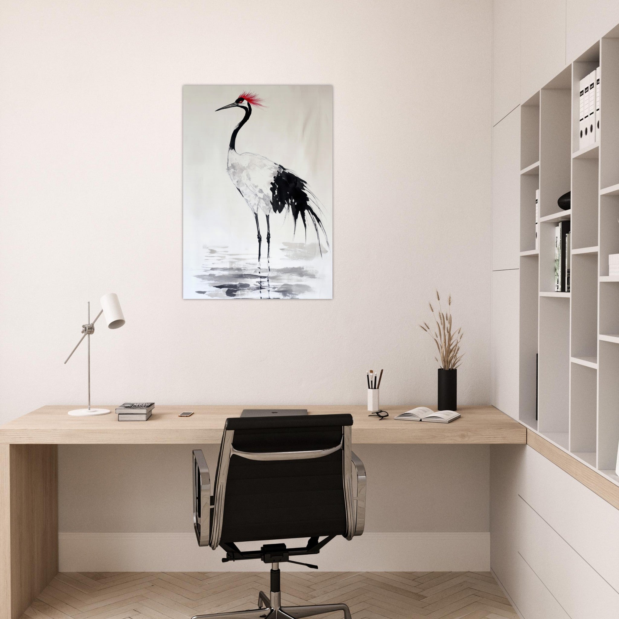 Aluminum Print Portrait - Japanese Ink Wash Painting of a Crane A graceful - Shop Ai Art WebShop - Digital Art online Store