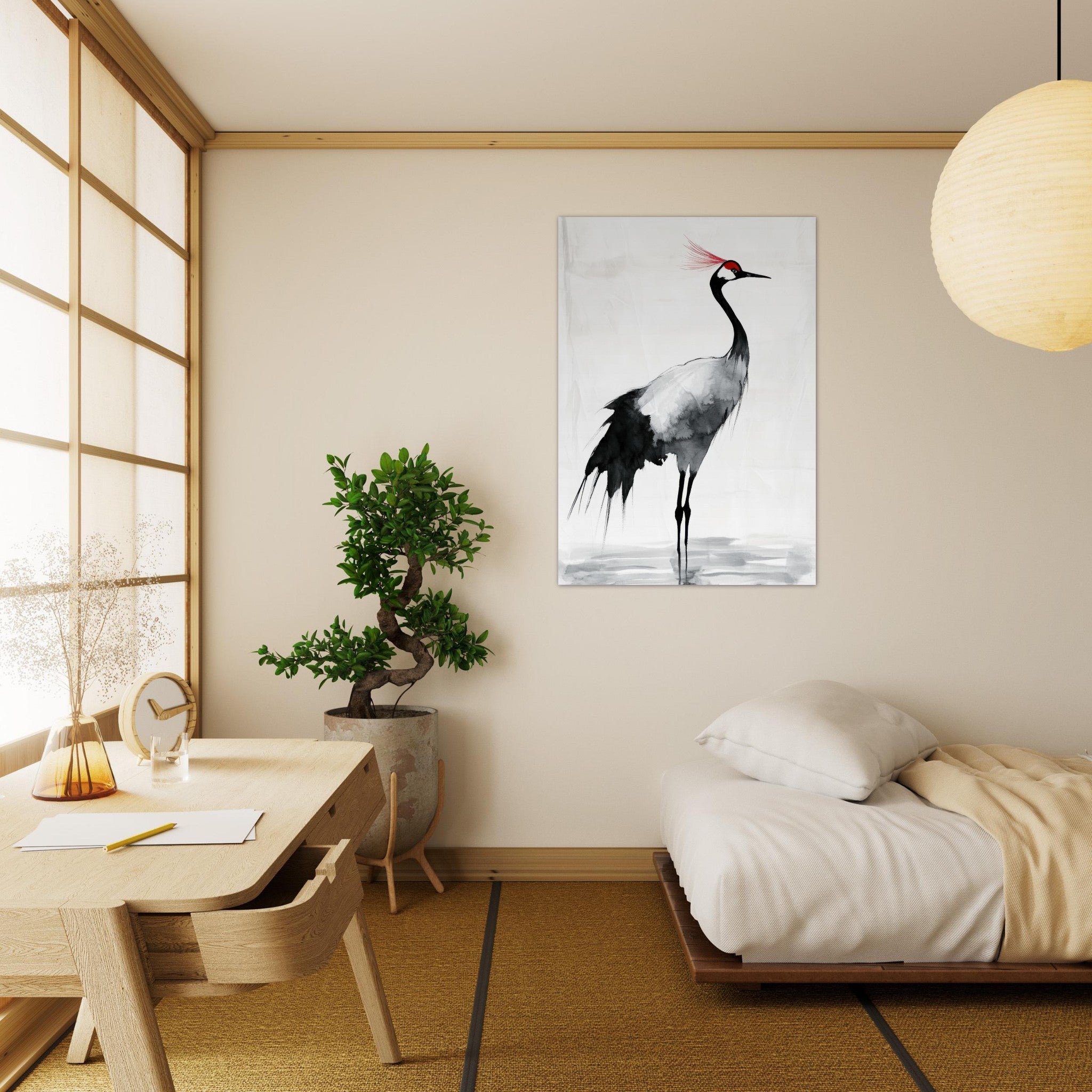 Aluminum Print Portrait - Japanese Ink Wash Painting of a Crane A graceful 2 - Shop Ai Art WebShop - Digital Art online Store