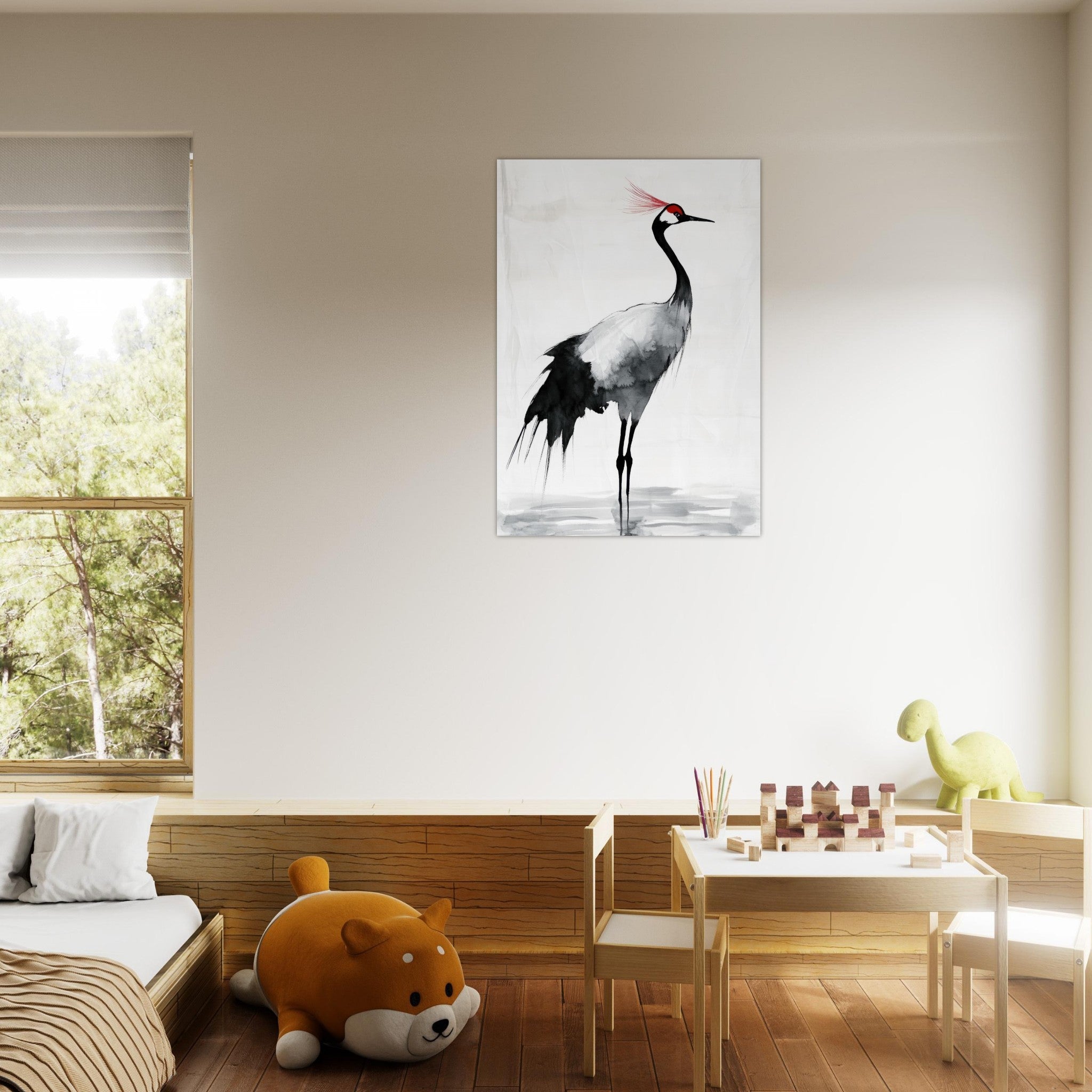 Aluminum Print Portrait - Japanese Ink Wash Painting of a Crane A graceful 2 - Shop Ai Art WebShop - Digital Art online Store